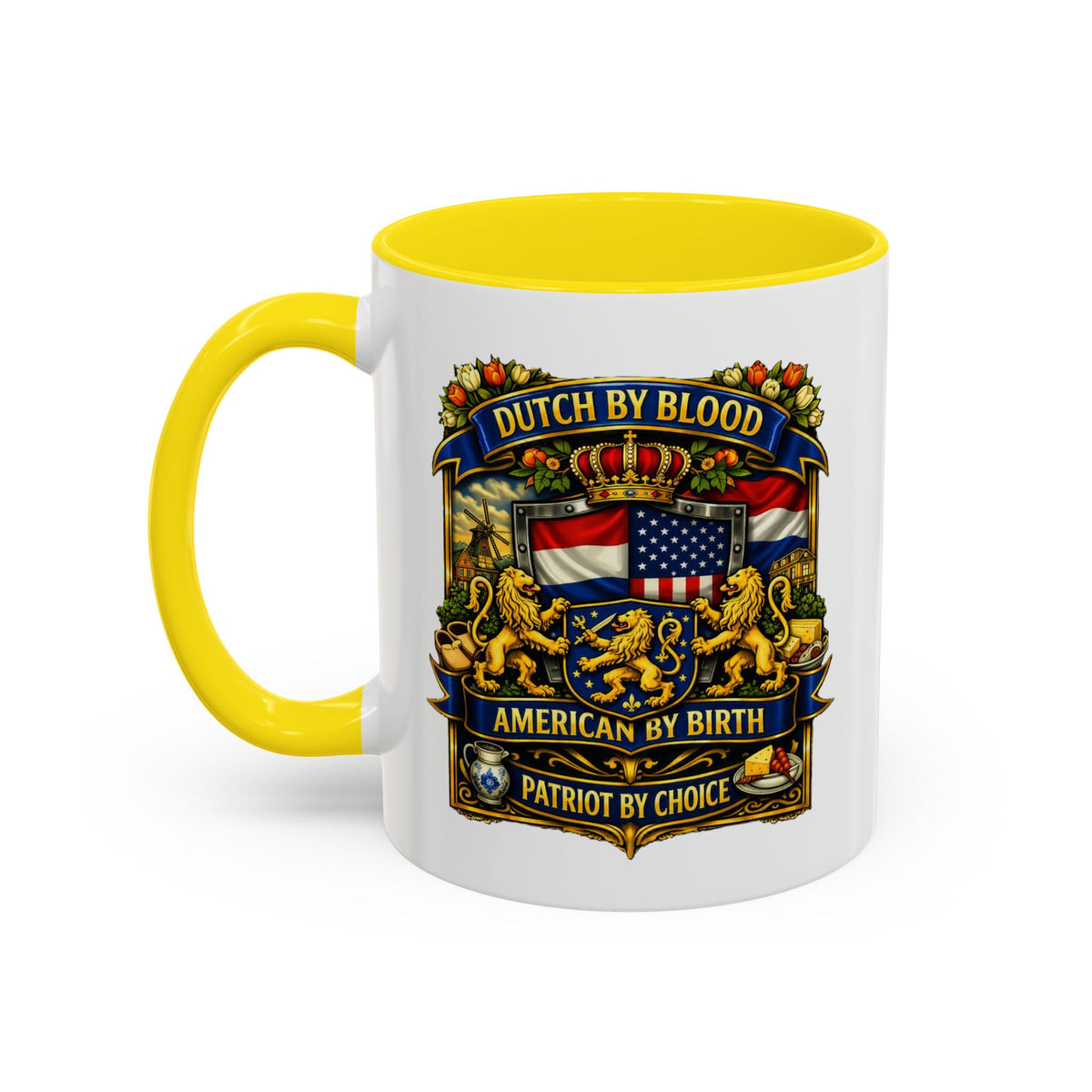Dutch/American Pride Mug with Vintage Botanical Crest Design