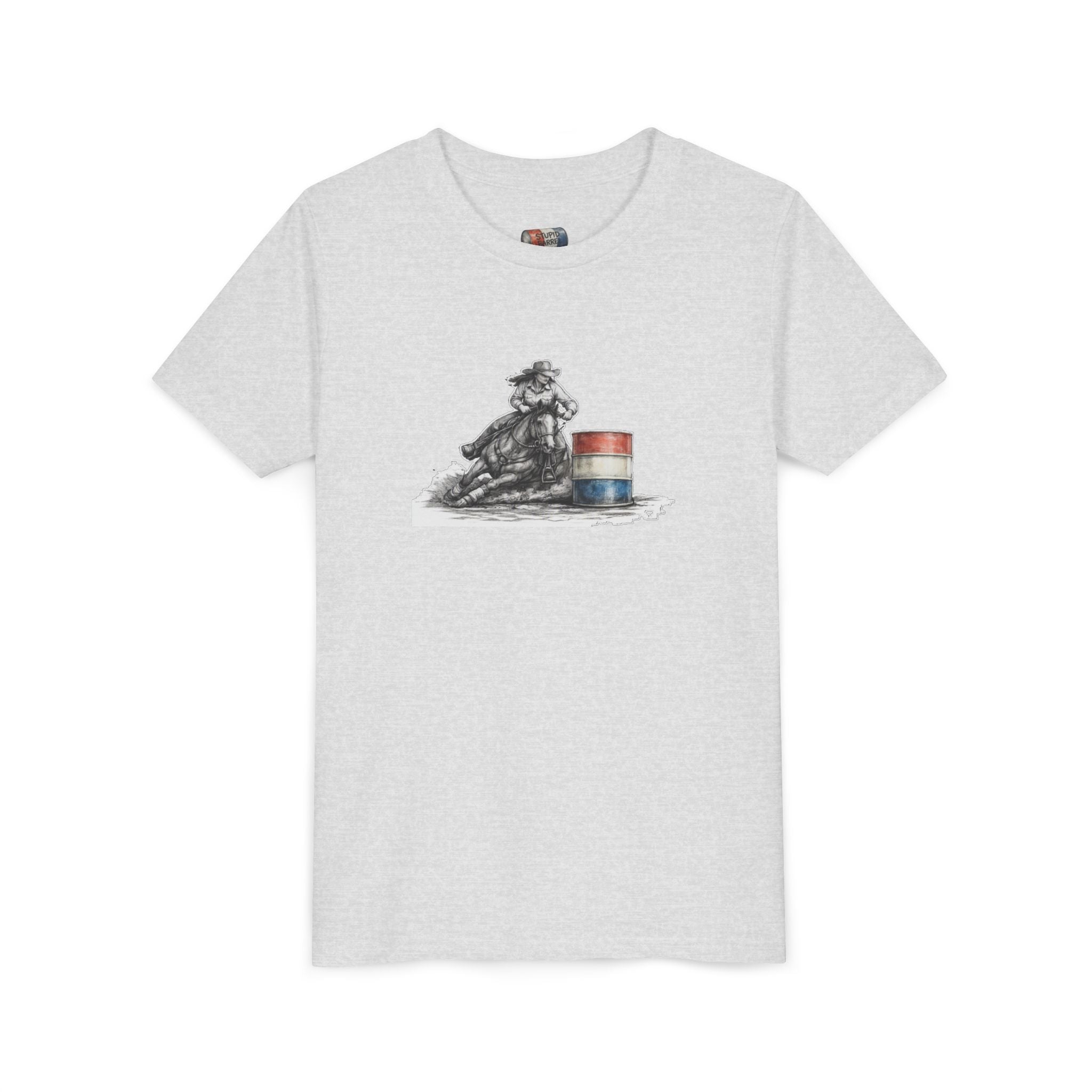 Youth Tee — Rodeo Cowgirl with Patriotic Barrel Graphic