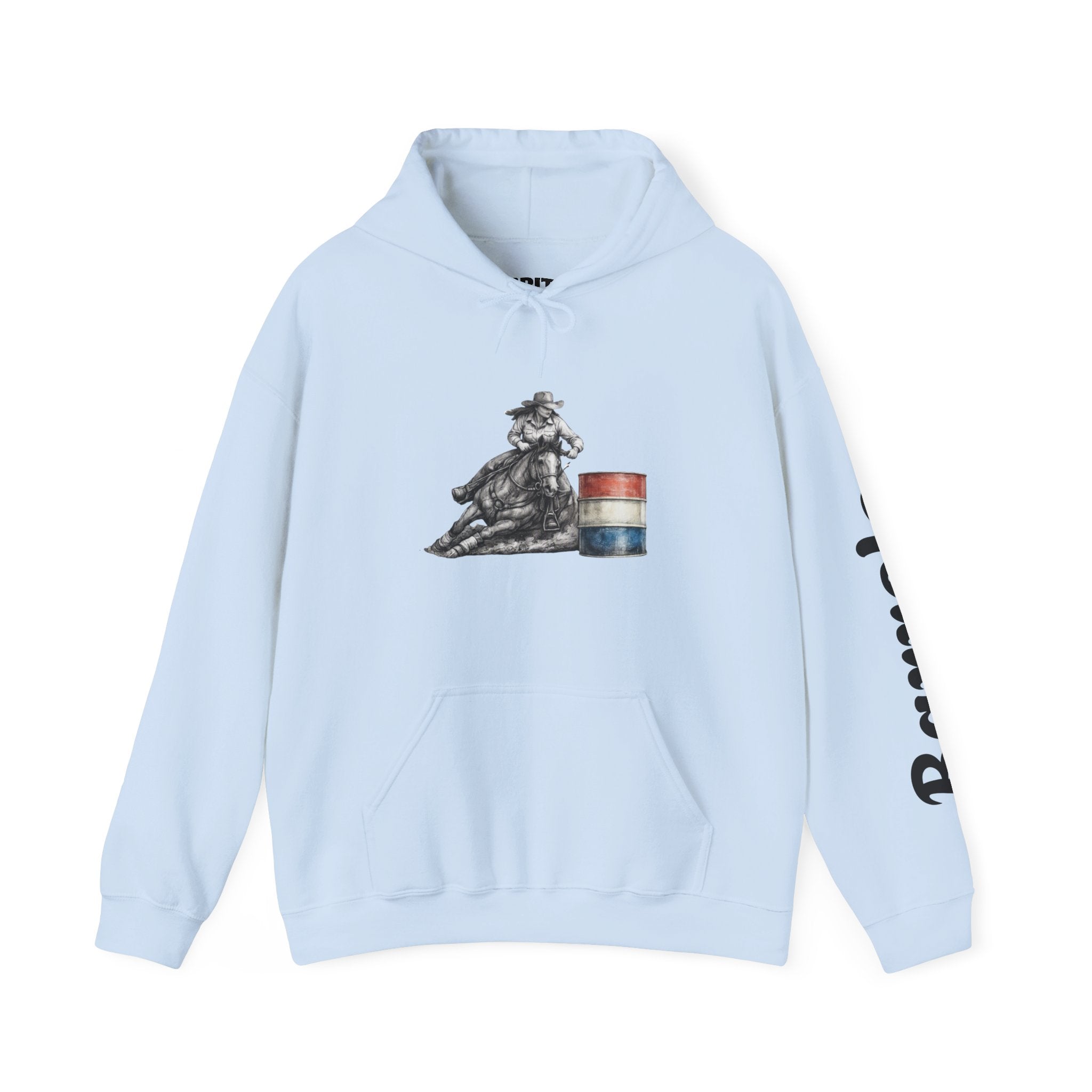 Cowgirl Barrel Racing Hoodie — Western Rodeo Pullover with 'barrels' Sleeve Text