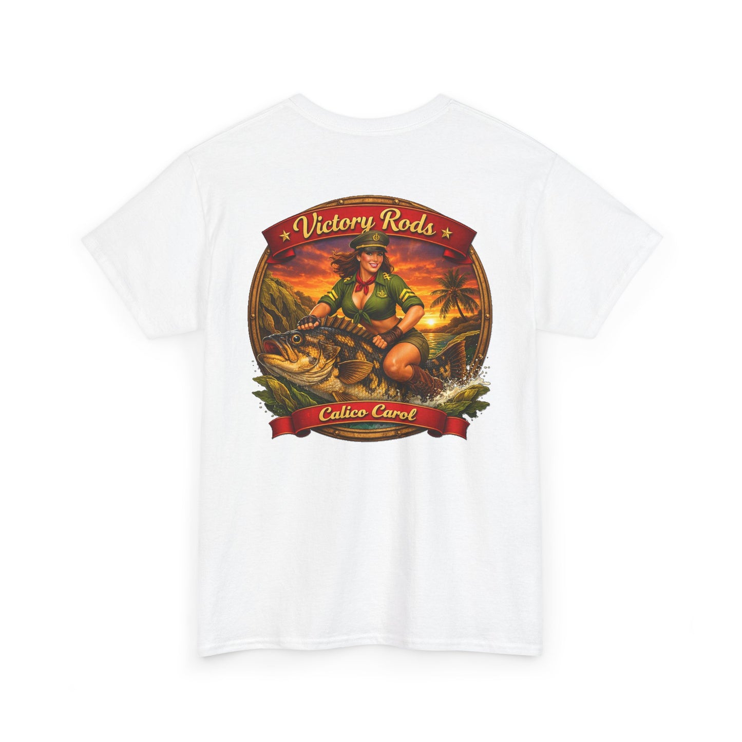 Vintage Pinup Fishing T-Shirt — “Victory Rods” Calico Carol Graphic Tee