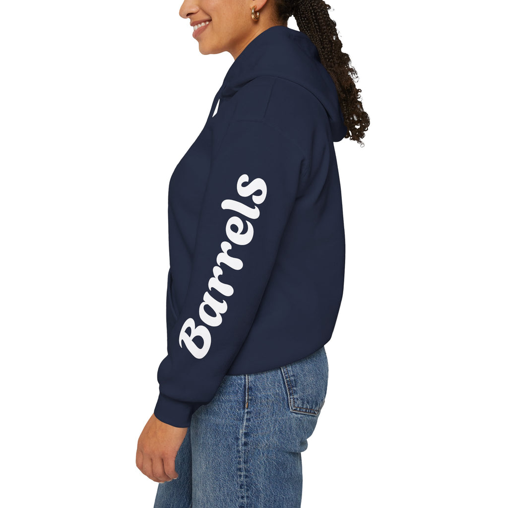 Cowgirl Barrel Racing Hoodie — Western Rodeo Pullover with 'barrels' Sleeve Text