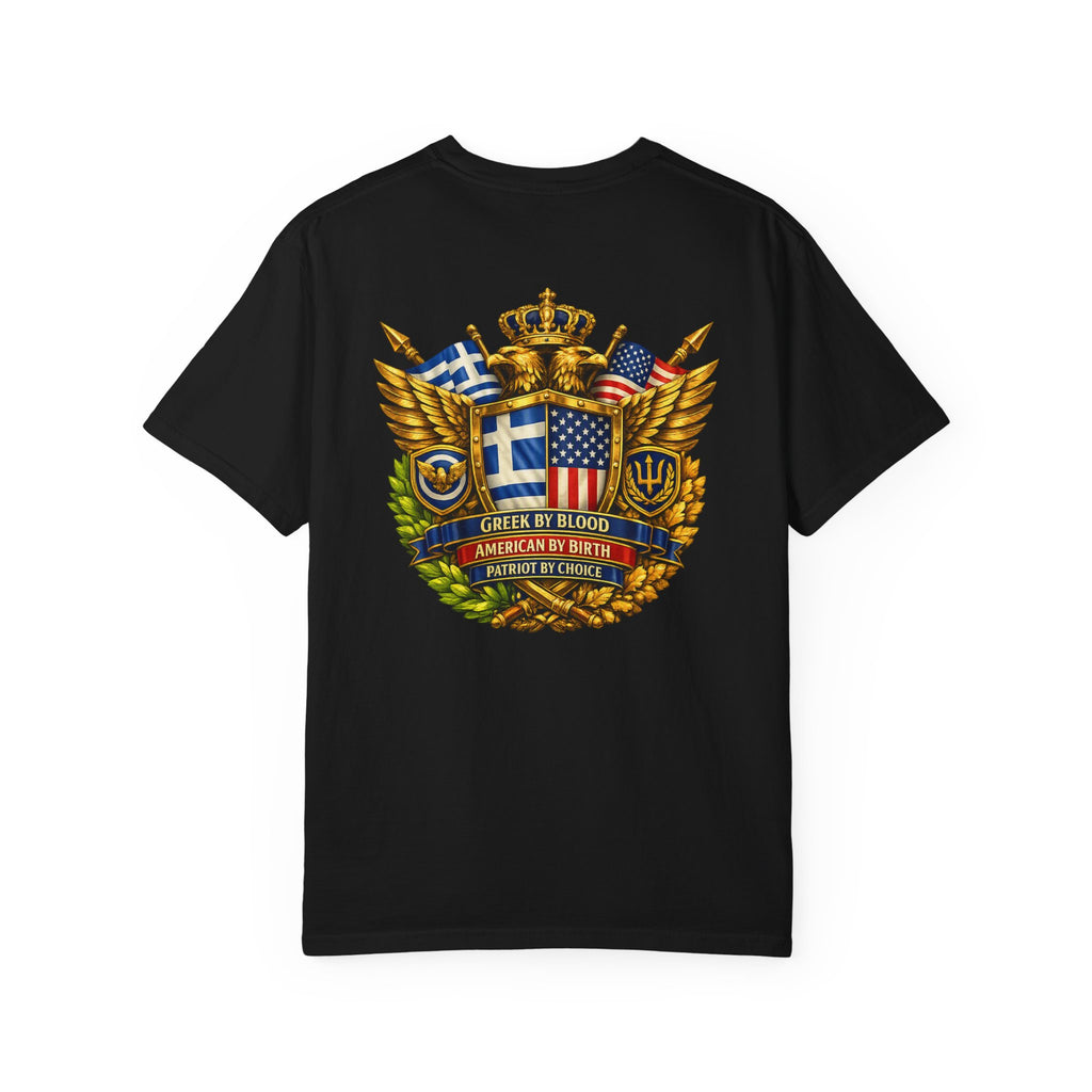 Greek American Heritage T-Shirt — Eagle Crest with Flags & "One Nation" Emblem