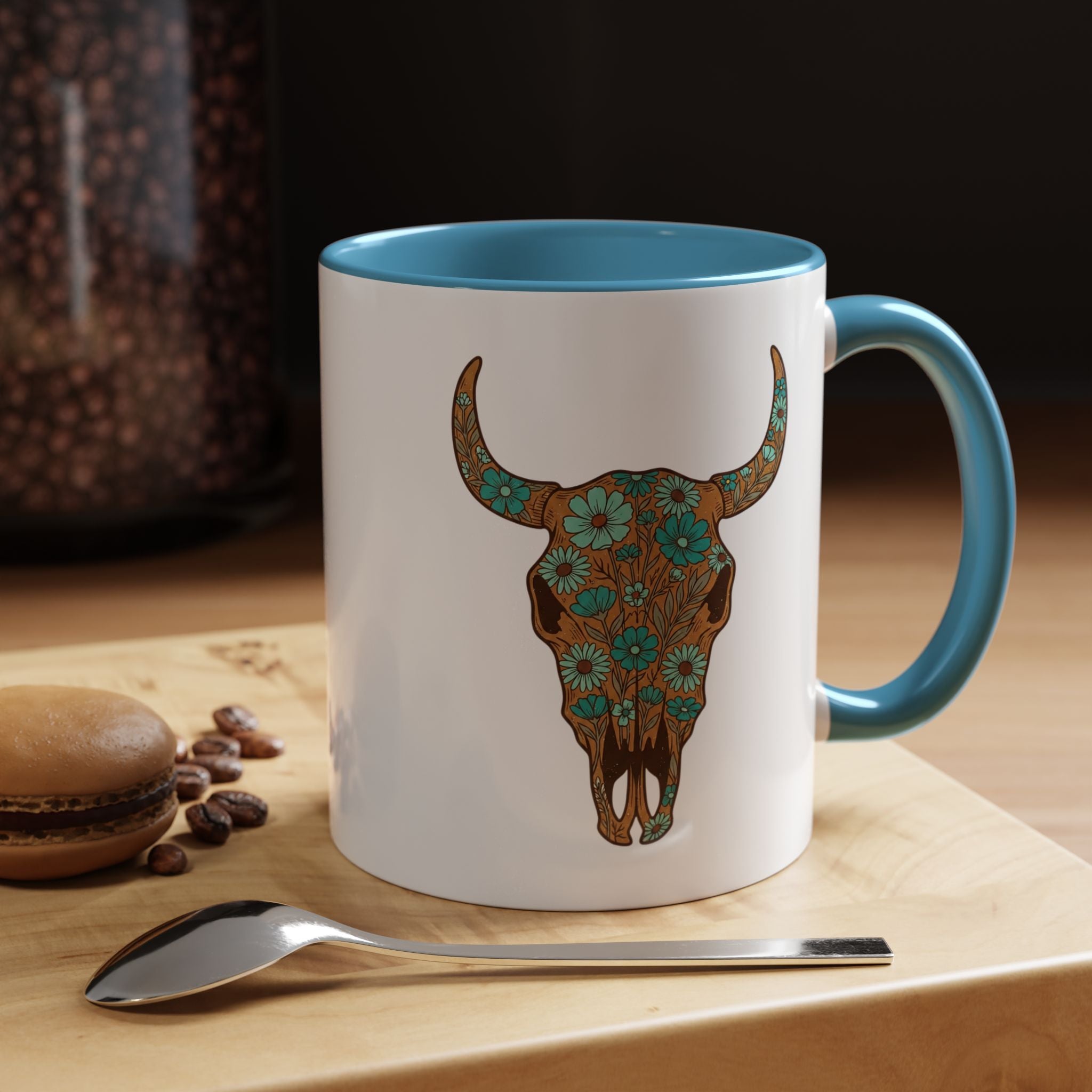 Turquoise Floral Bull Skull Coffee Mug — Southwestern Accent 11/15oz