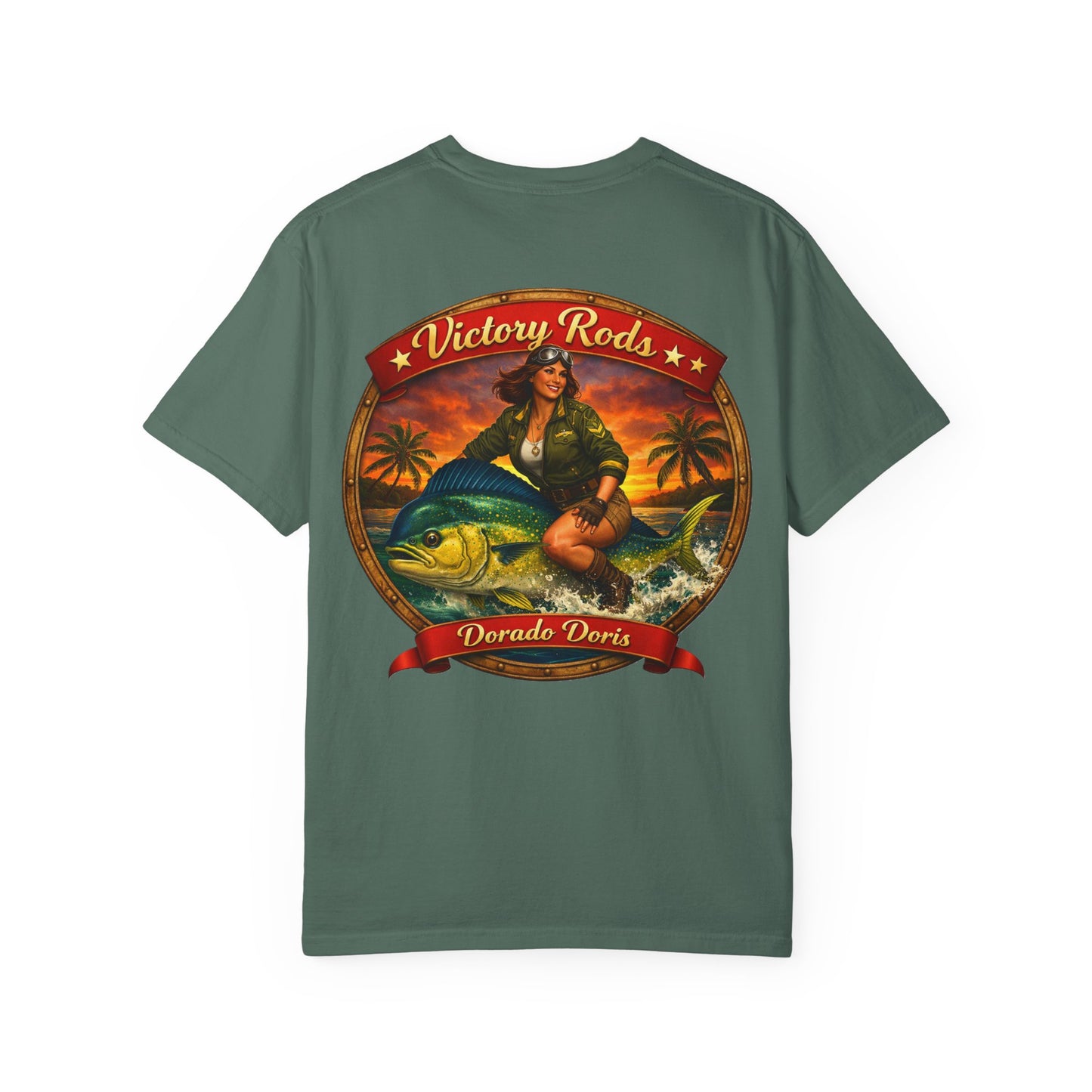 Victory Rods "Dorado Doris" Fishing T-Shirt — Retro Pinup Angler Tee