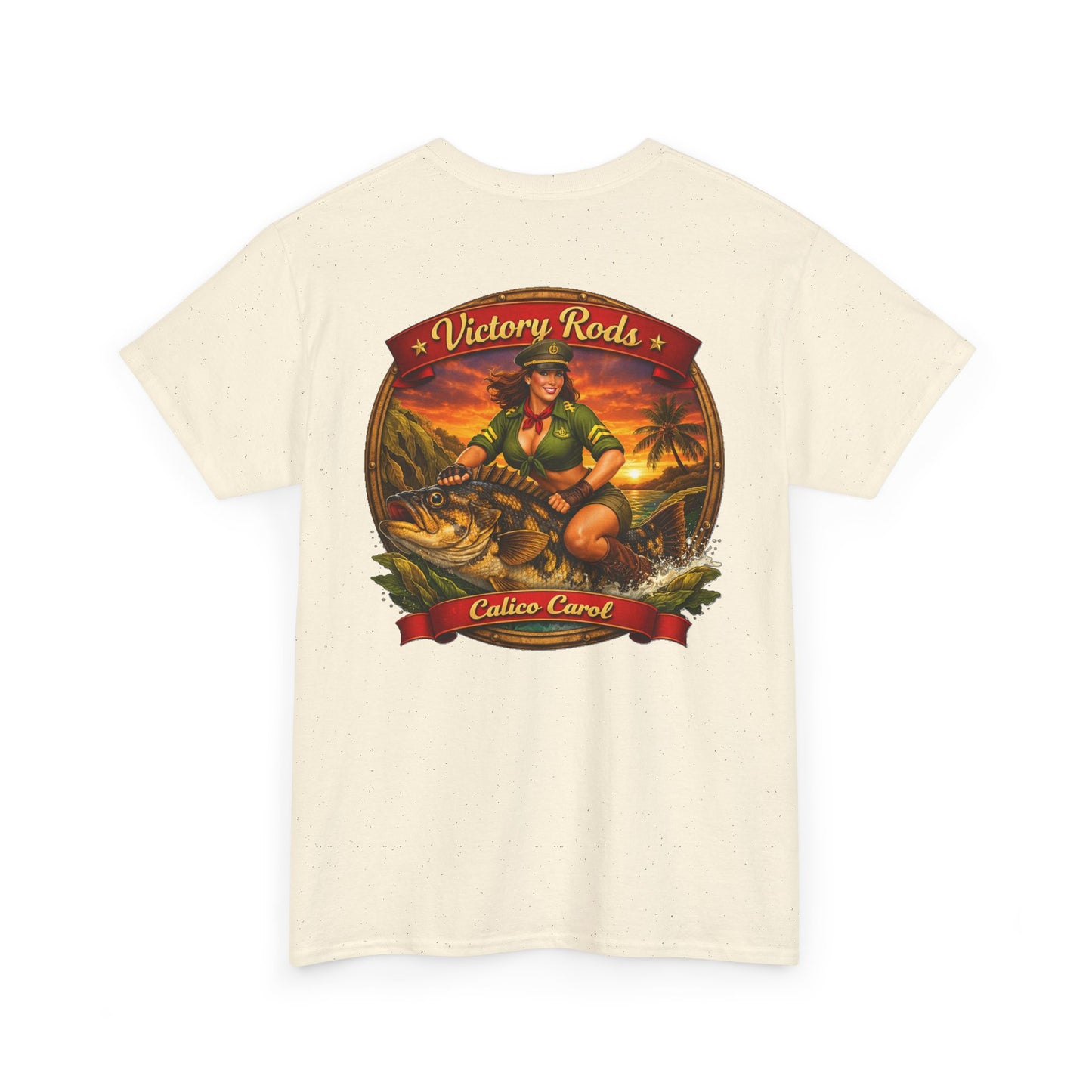 Vintage Pinup Fishing T-Shirt — “Victory Rods” Calico Carol Graphic Tee