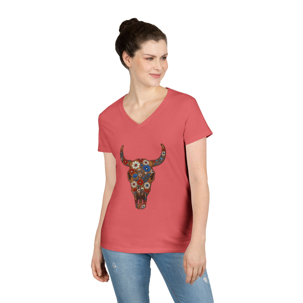 Floral Bull Skull V-Neck Tee