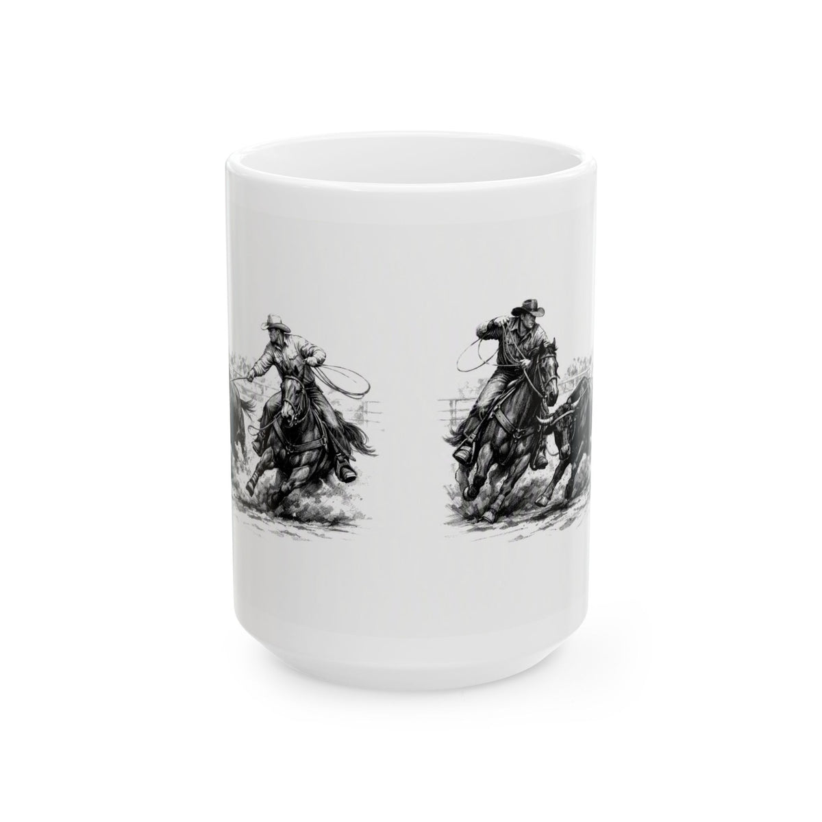 Team Ropers Rodeo Vintage Sketch Ceramic Mug – Western Coffee Cup (11oz & 15oz)