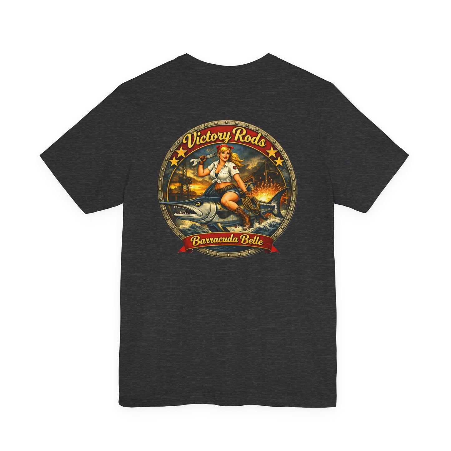 Barracuda Belle Vintage Pinup Tee — Victory Rods Motorcycle T‑Shirt