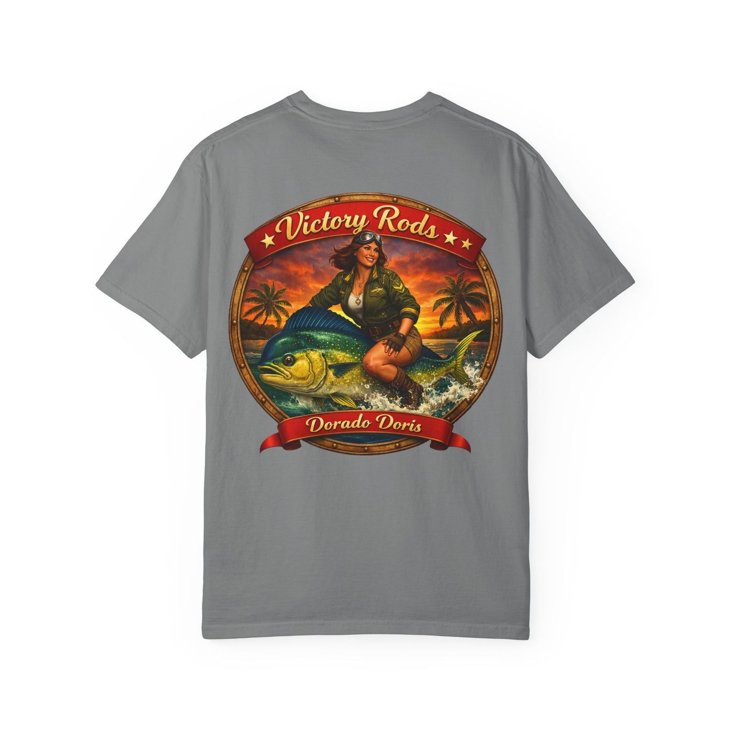 Victory Rods "Dorado Doris" Fishing T-Shirt — Retro Pinup Angler Tee