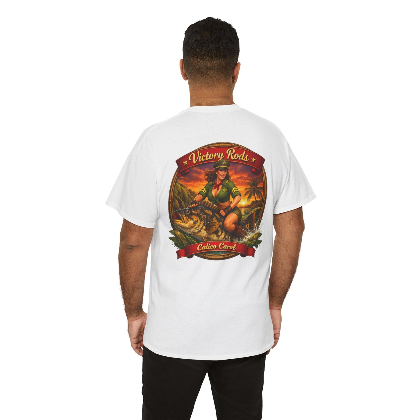 Vintage Pinup Fishing T-Shirt — “Victory Rods” Calico Carol Graphic Tee