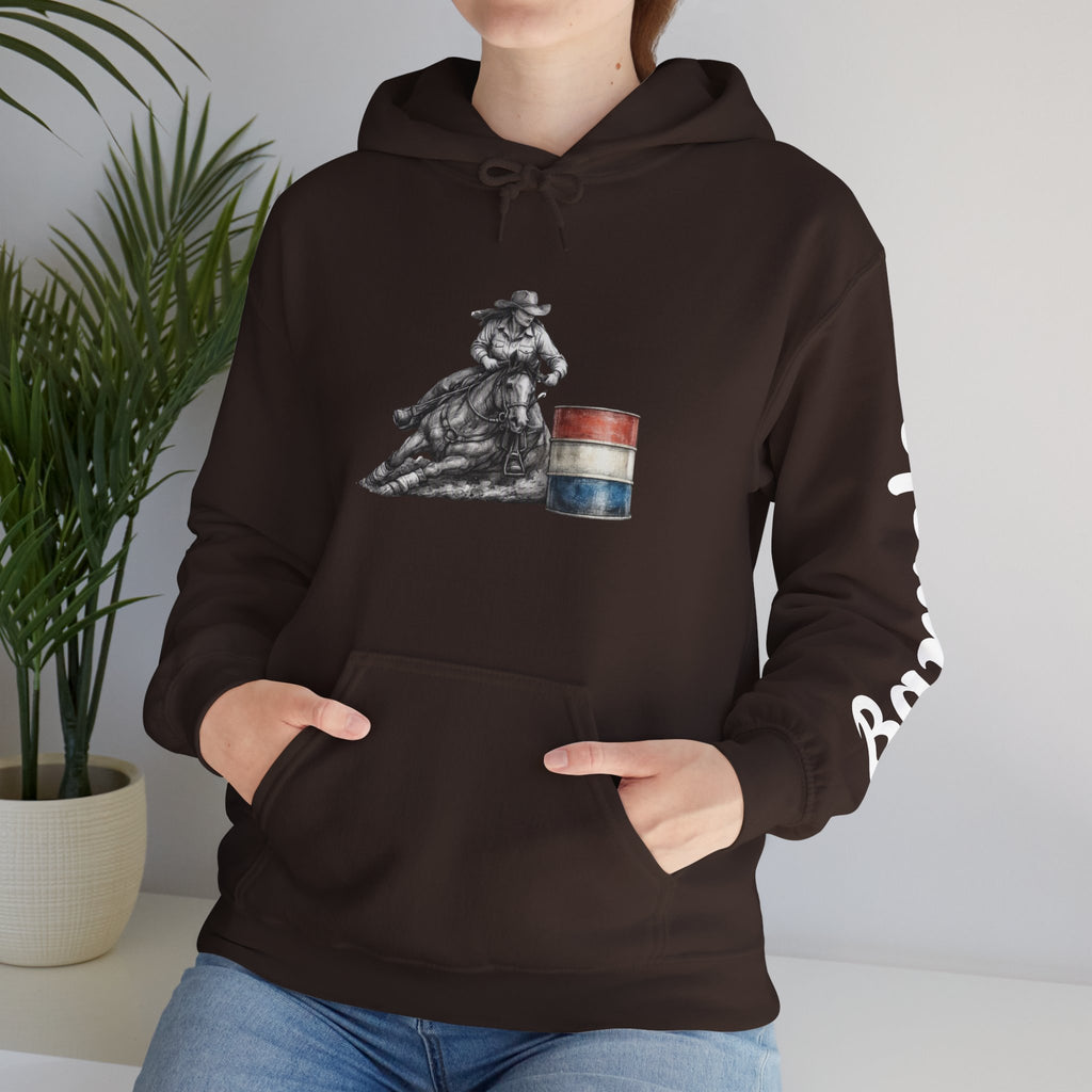 Cowgirl Barrel Racing Hoodie — Western Rodeo Pullover with 'barrels' Sleeve Text