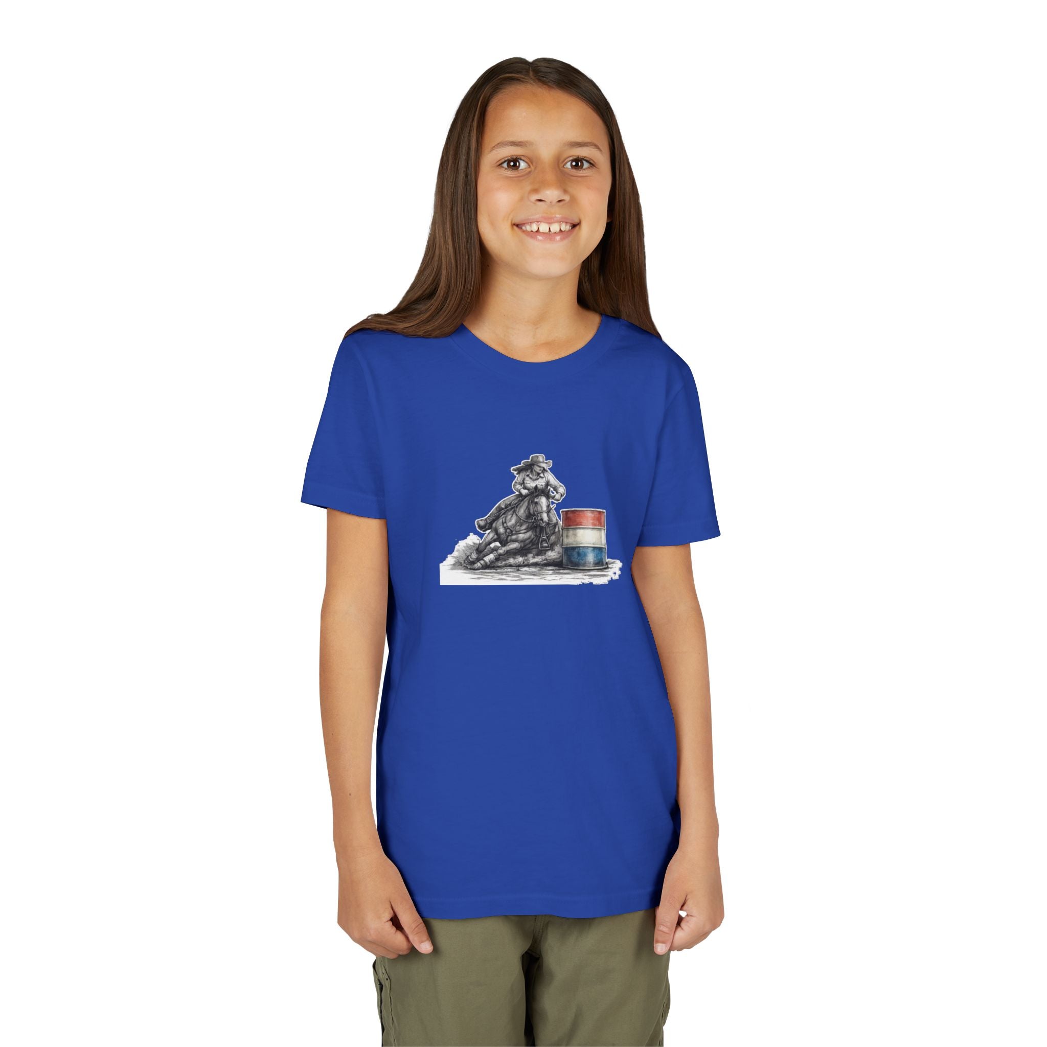 Youth Tee — Rodeo Cowgirl with Patriotic Barrel Graphic