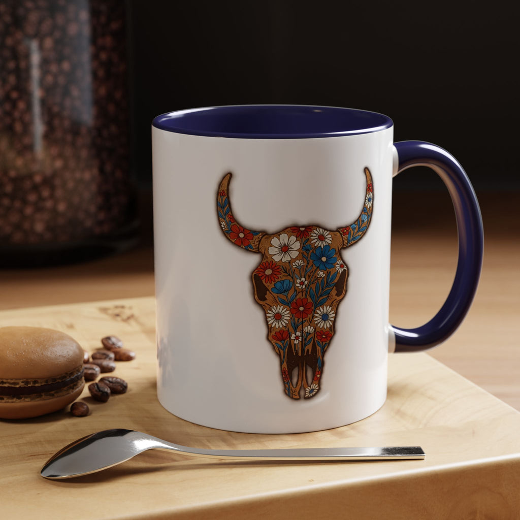 Red, White and Blue Floral Bull Skull Coffee Mug — Southwestern Accent 11/15oz