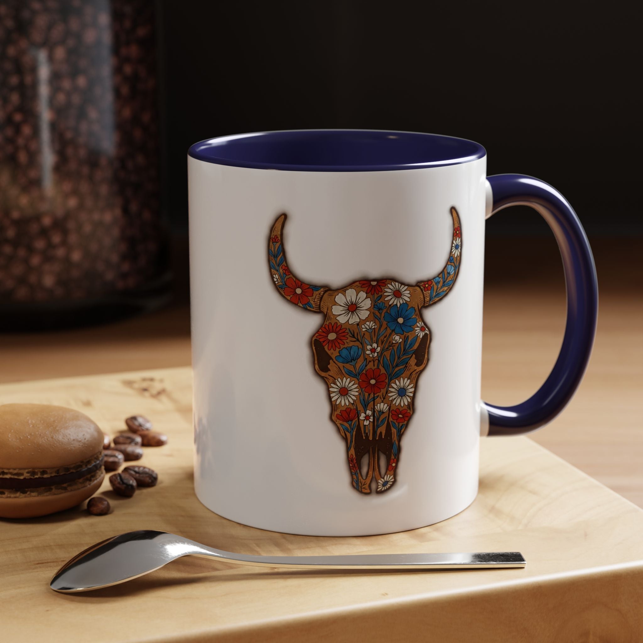 Red, White and Blue Floral Bull Skull Coffee Mug — Southwestern Accent 11/15oz