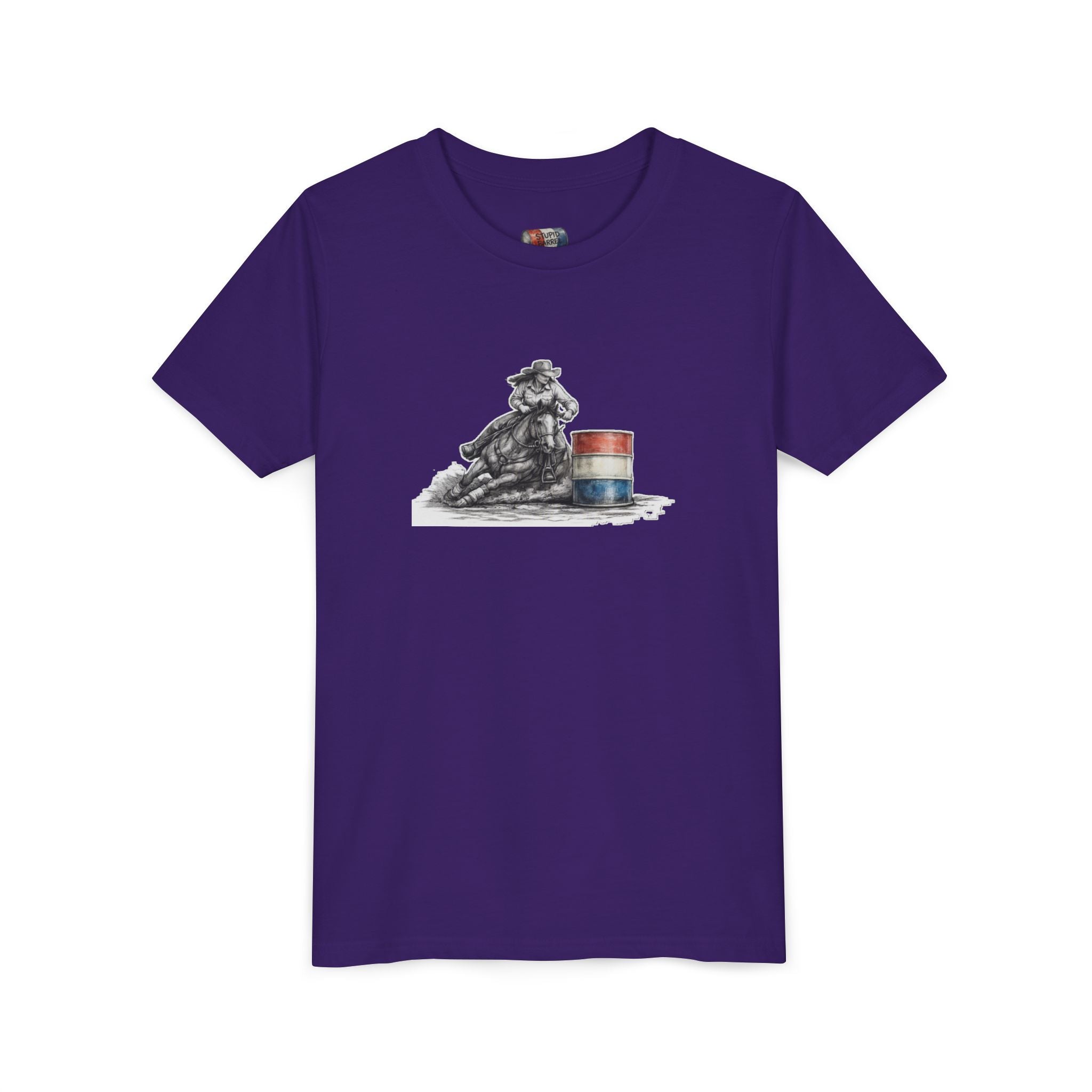 Youth Tee — Rodeo Cowgirl with Patriotic Barrel Graphic