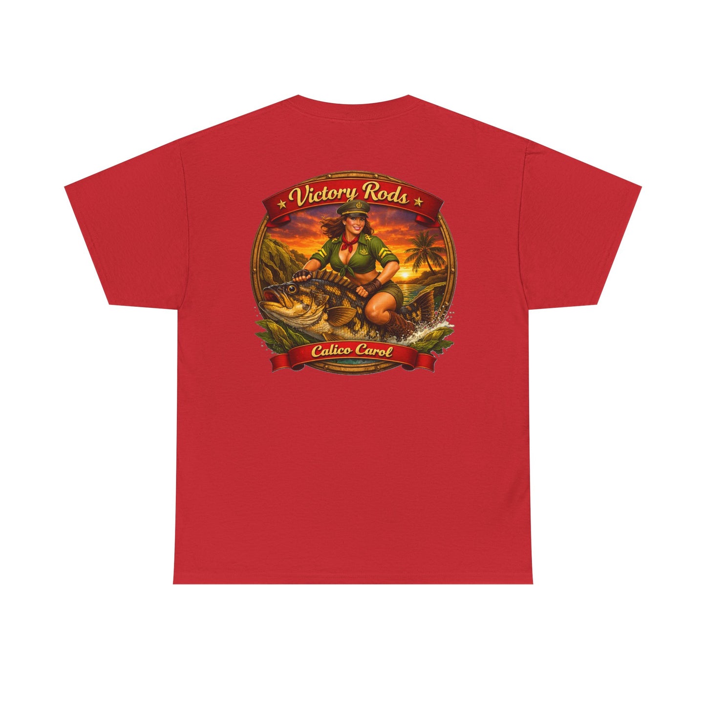 Vintage Pinup Fishing T-Shirt — “Victory Rods” Calico Carol Graphic Tee