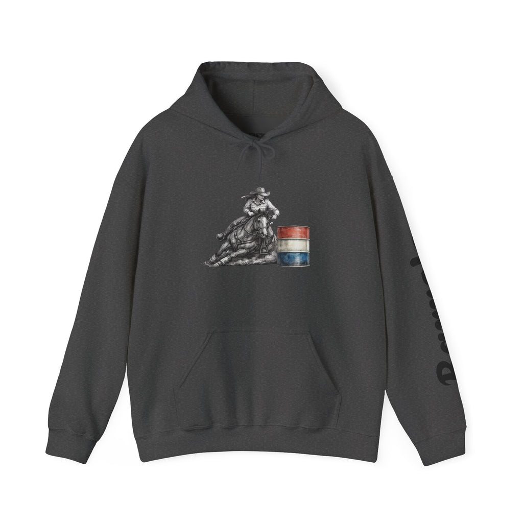 Cowgirl Barrel Racing Hoodie — Western Rodeo Pullover with 'barrels' Sleeve Text