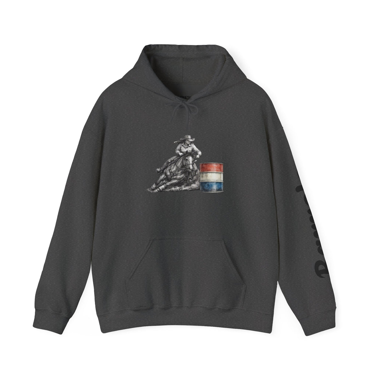 Cowgirl Barrel Racing Hoodie — Western Rodeo Pullover with 'barrels' Sleeve Text