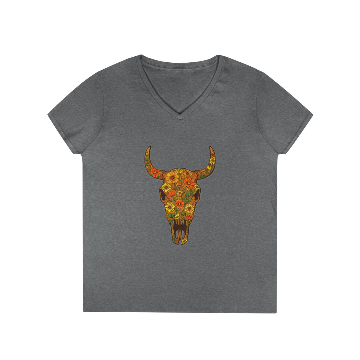 Floral Autumn Colors Bull Skull V-Neck Tee