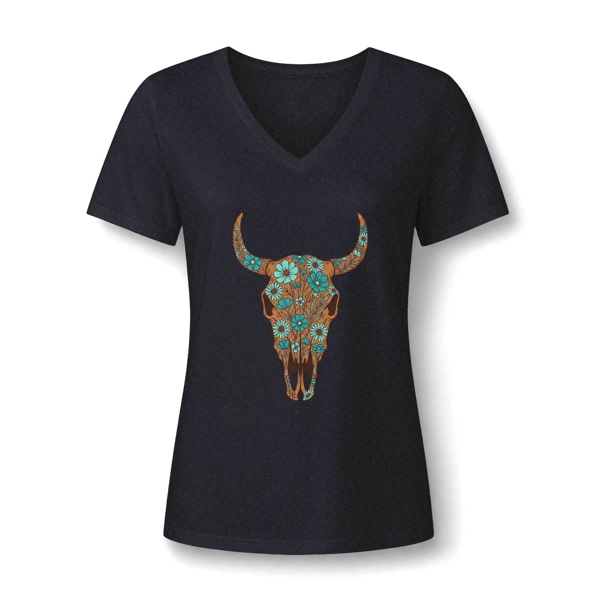 Women's V-Neck Tee — Floral Turquoise Bull Skull Graphic