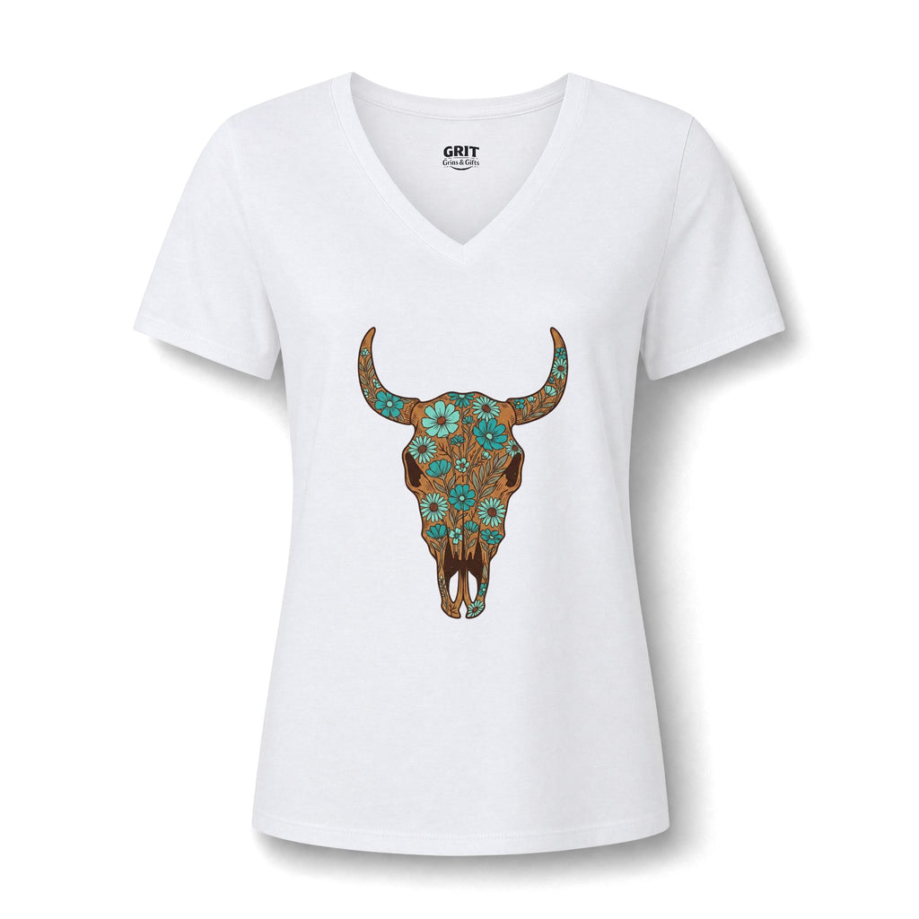 Women's V-Neck Tee — Floral Turquoise Bull Skull Graphic