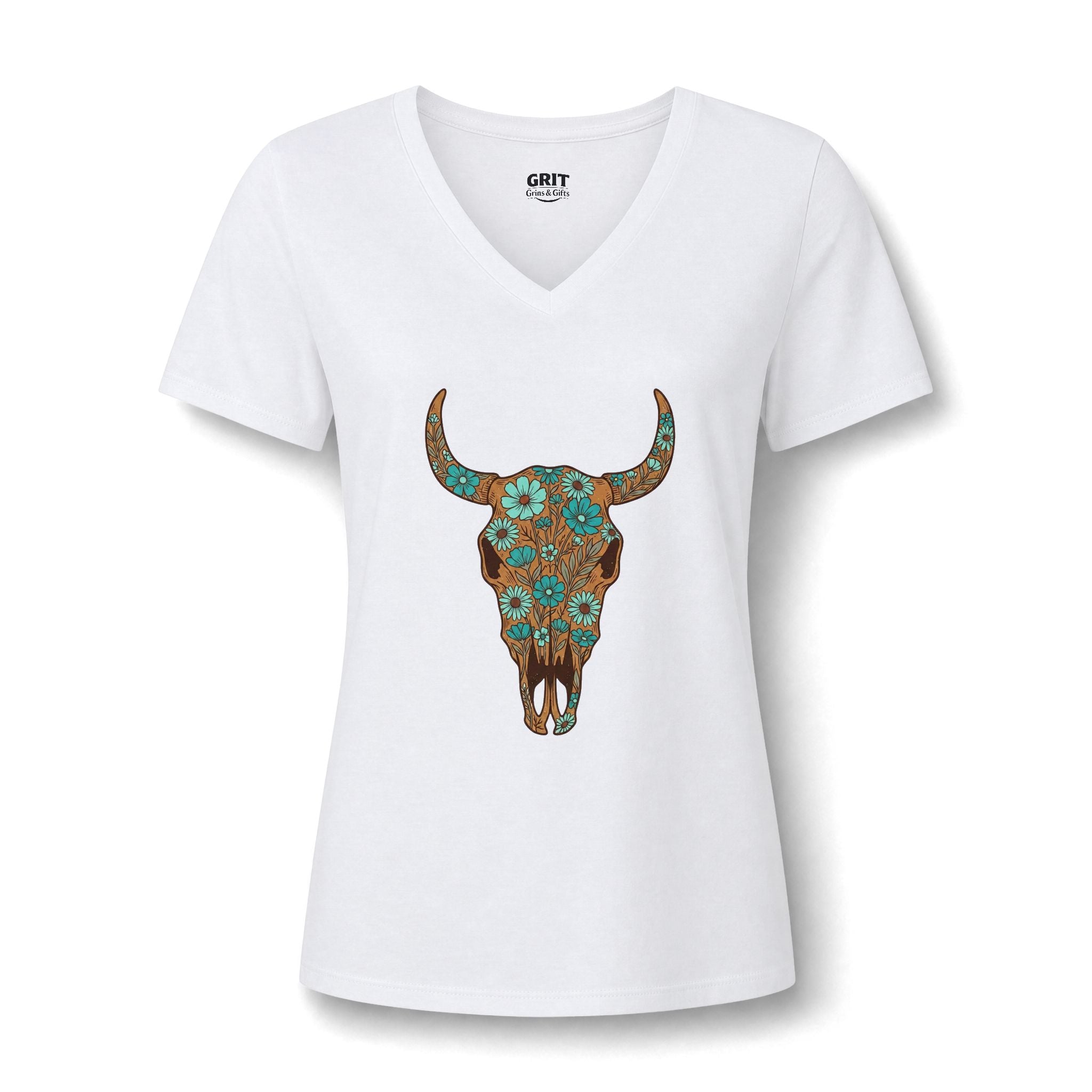 Women's V-Neck Tee — Floral Turquoise Bull Skull Graphic