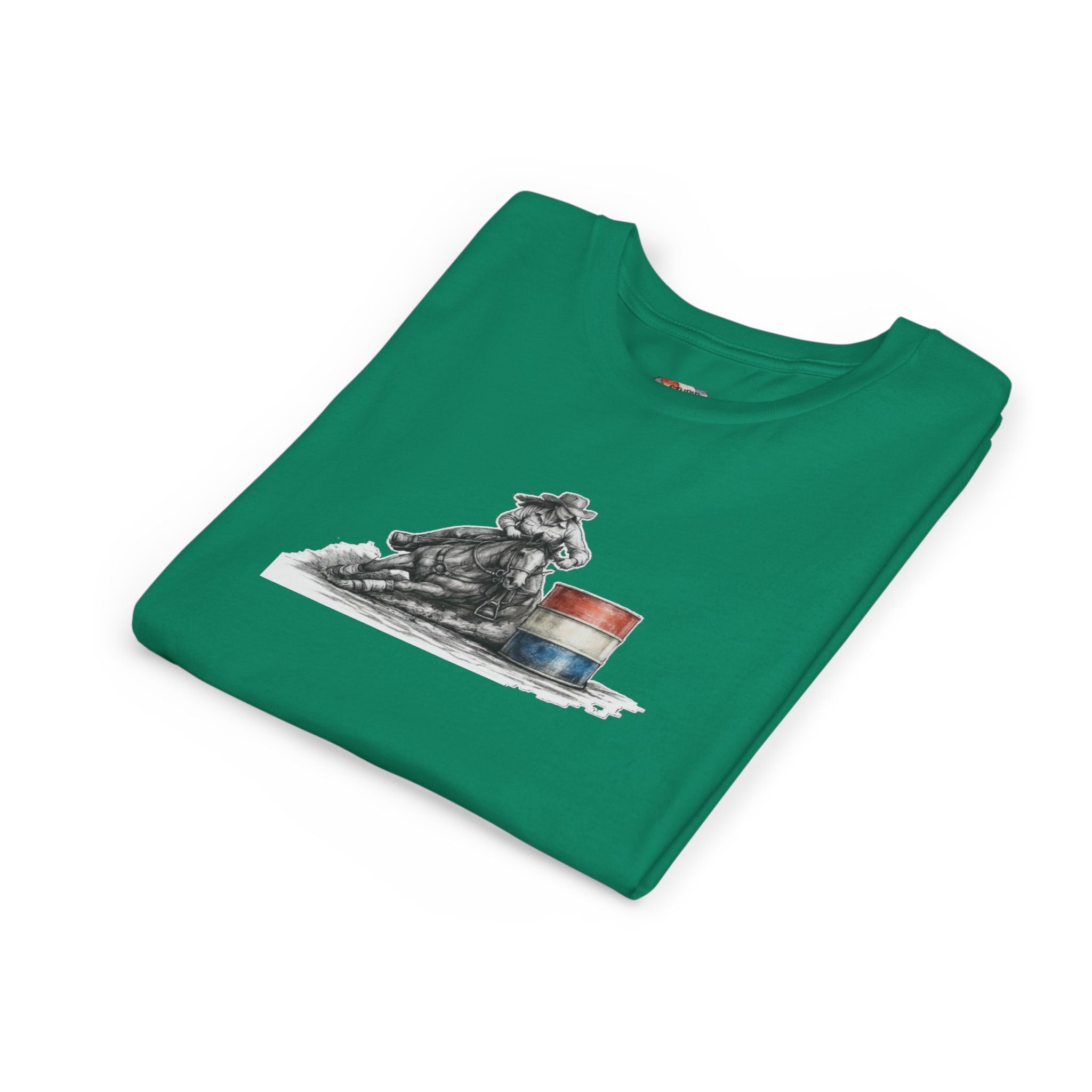 Youth Tee — Rodeo Cowgirl with Patriotic Barrel Graphic