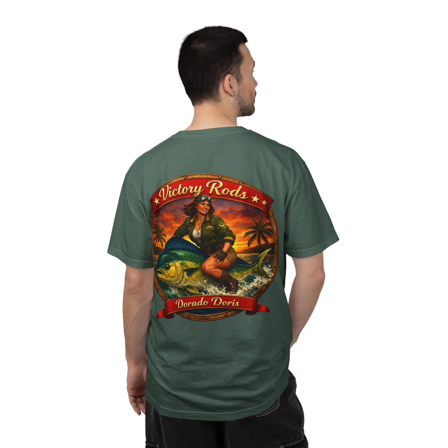 Victory Rods "Dorado Doris" Fishing T-Shirt — Retro Pinup Angler Tee