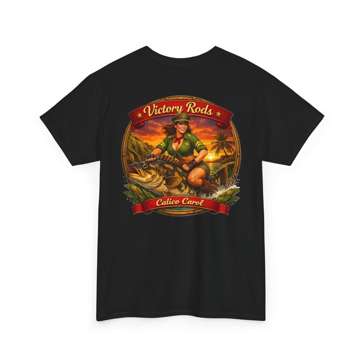 Vintage Pinup Fishing T-Shirt — “Victory Rods” Calico Carol Graphic Tee