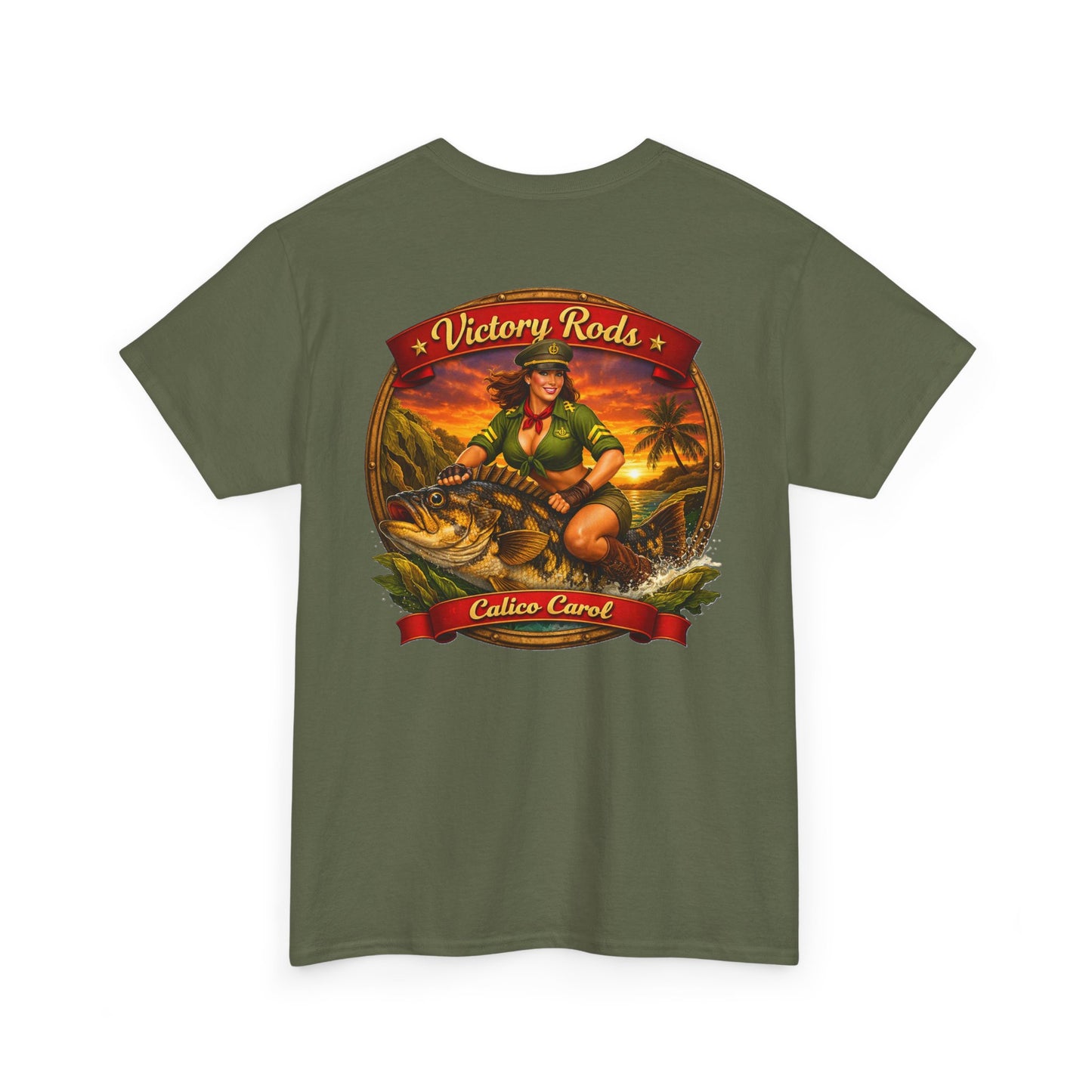 Vintage Pinup Fishing T-Shirt — “Victory Rods” Calico Carol Graphic Tee