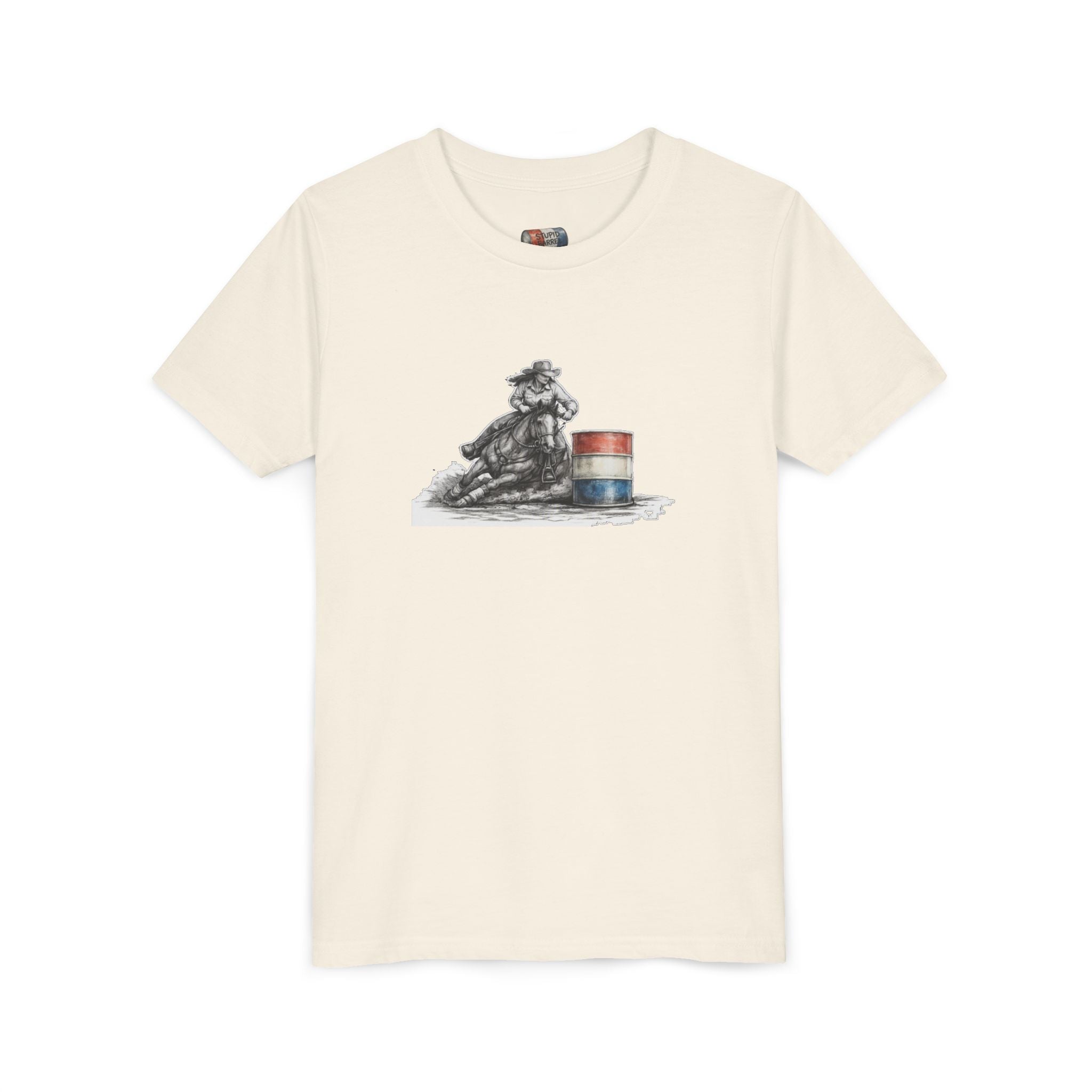 Youth Tee — Rodeo Cowgirl with Patriotic Barrel Graphic