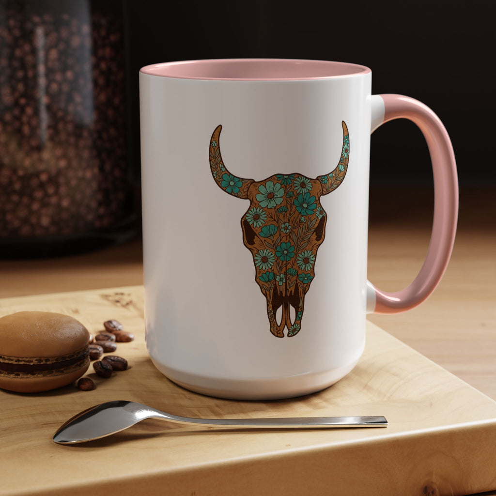 Red, White and Blue Floral Bull Skull Coffee Mug — Southwestern Accent 11/15oz
