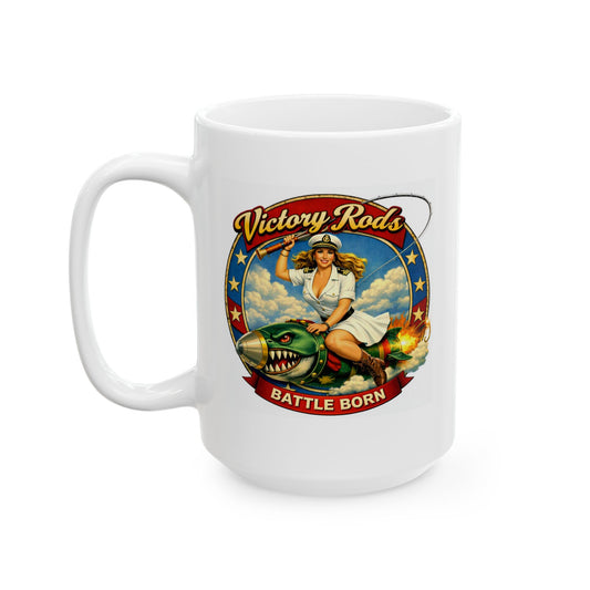 Victory Rods Sportfisherman's WWII Nose Art Pin-Up Illustration Mug | Ceramic Coffee Cup
