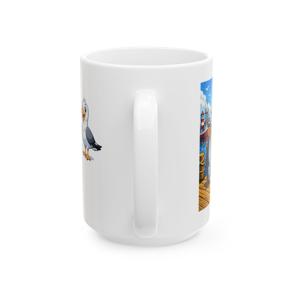 Seaside Harbor Ceramic Mug – "A Day in the Life of the Waterfront" with Cute Seagull Art (11oz/15oz)