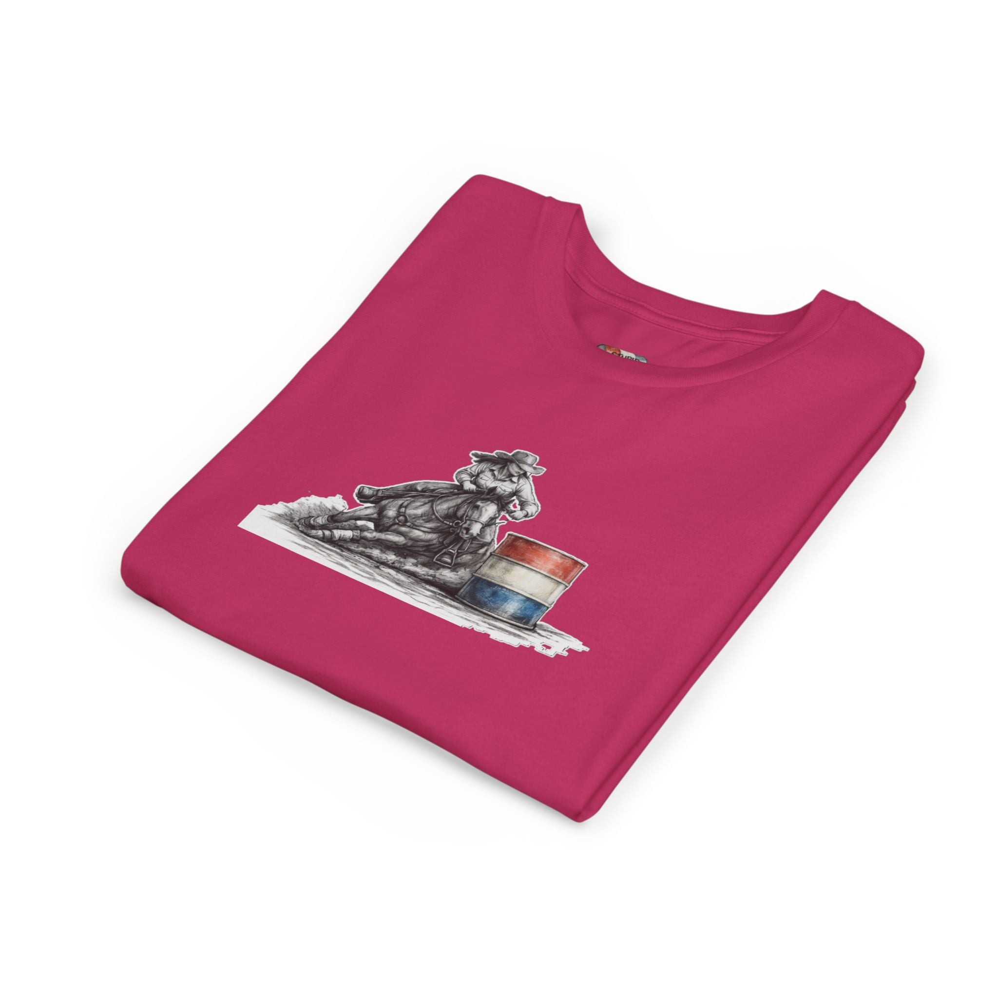 Youth Tee — Rodeo Cowgirl with Patriotic Barrel Graphic