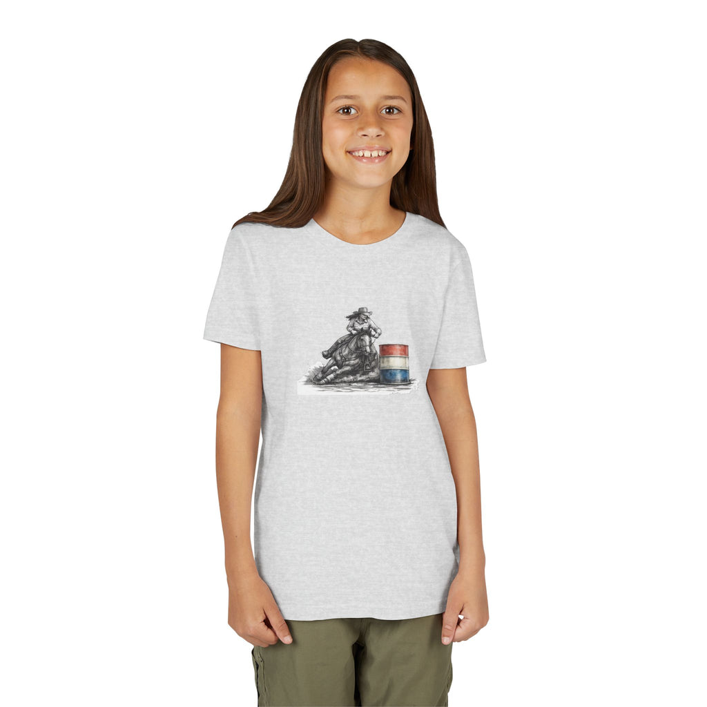 Youth Tee — Rodeo Cowgirl with Patriotic Barrel Graphic