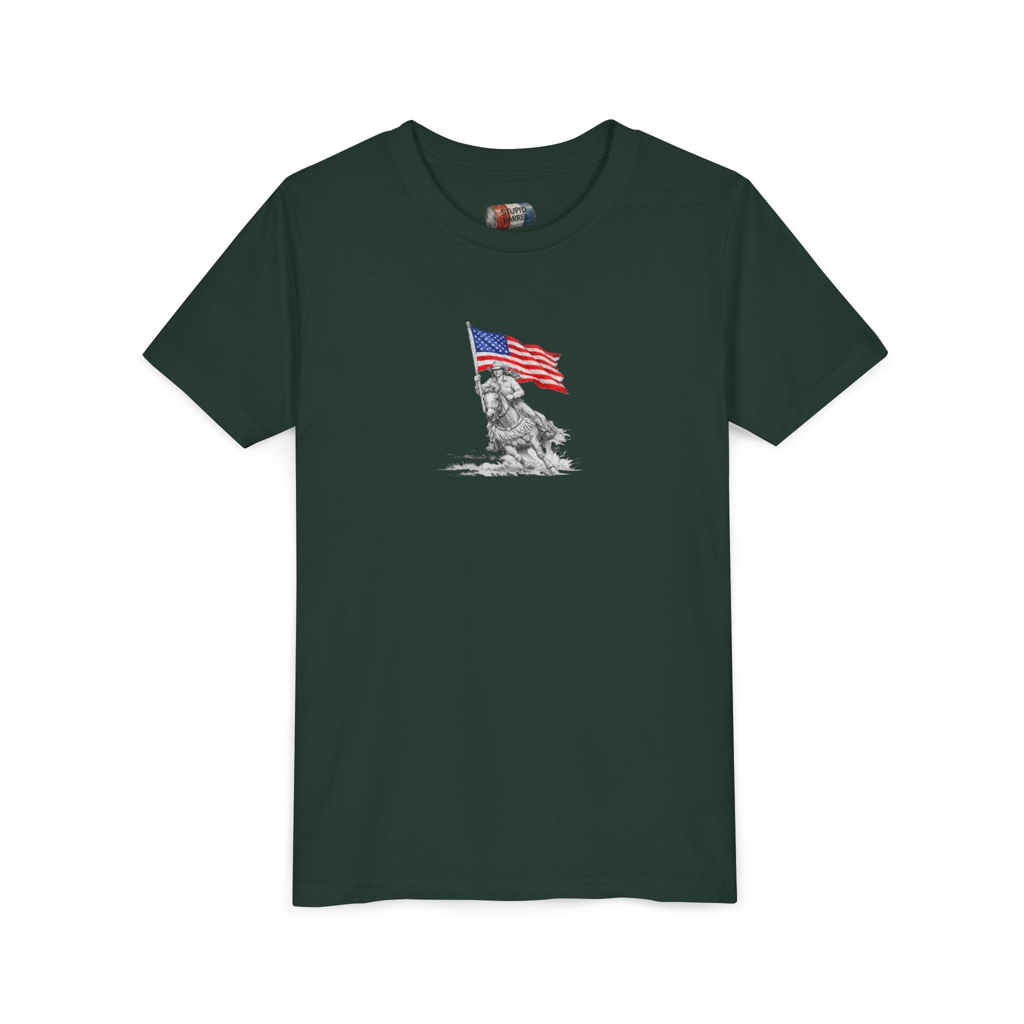 Youth Tee — Rodeo Bull Rider with Patriotic Barrel Graphic