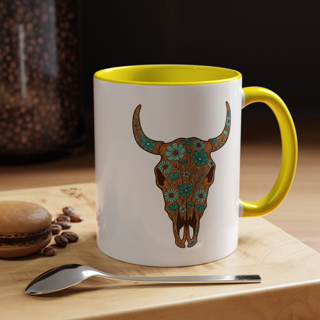 Turquoise Floral Bull Skull Coffee Mug — Southwestern Accent 11/15oz