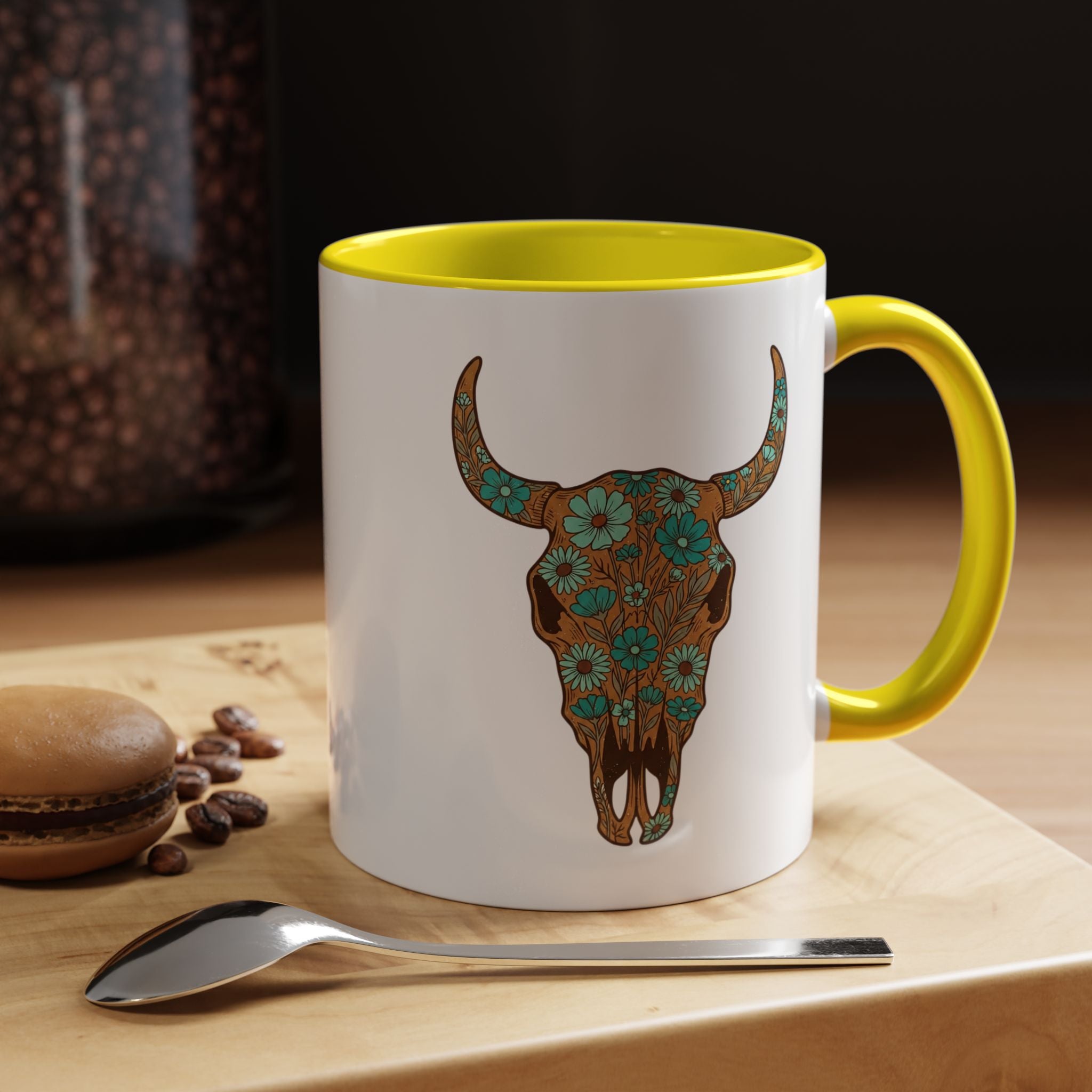 Turquoise Floral Bull Skull Coffee Mug — Southwestern Accent 11/15oz