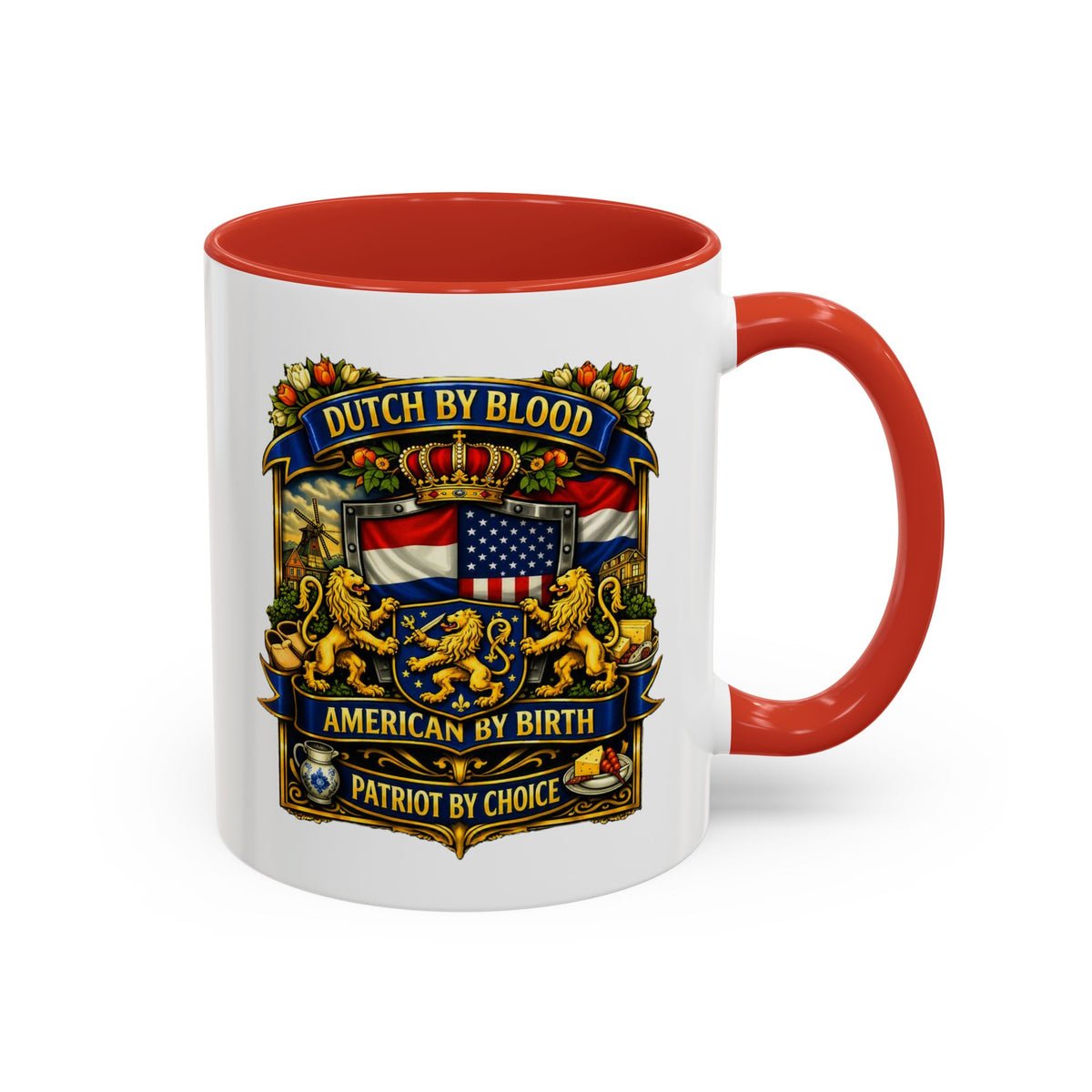 Dutch/American Pride Mug with Vintage Botanical Crest Design