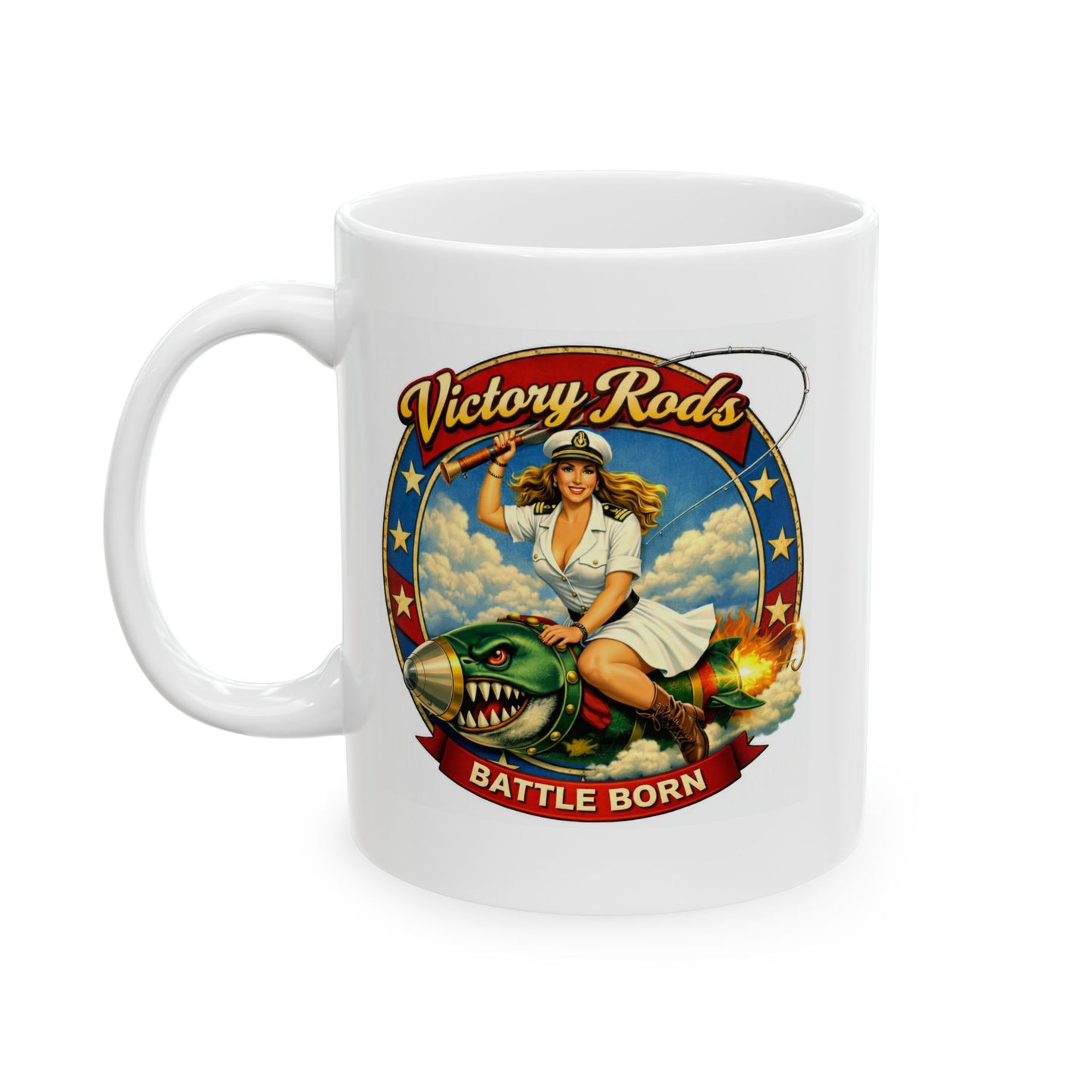 Victory Rods Sportfisherman's WWII Nose Art Pin-Up Illustration Mug | Ceramic Coffee Cup