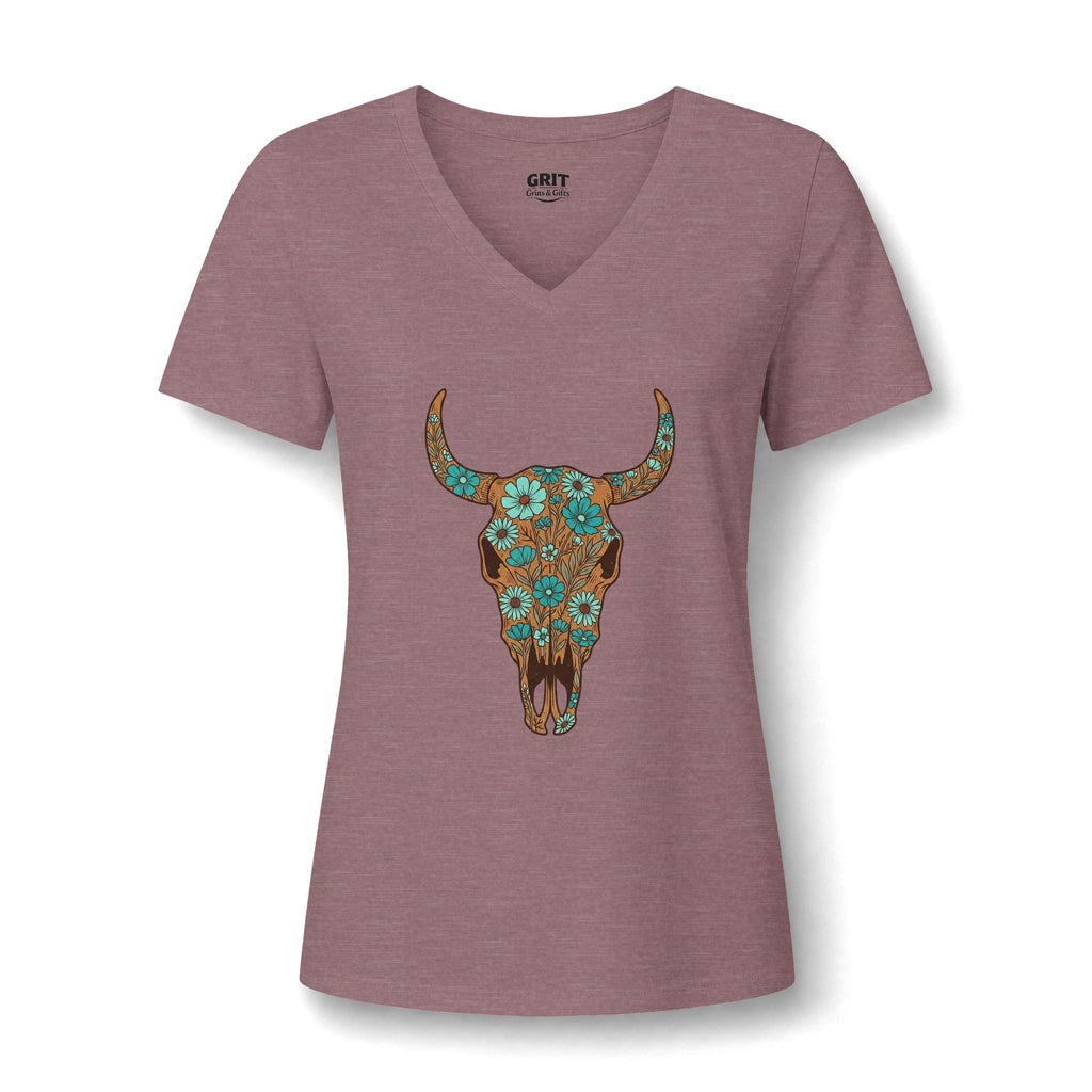 Women's V-Neck Tee — Floral Turquoise Bull Skull Graphic
