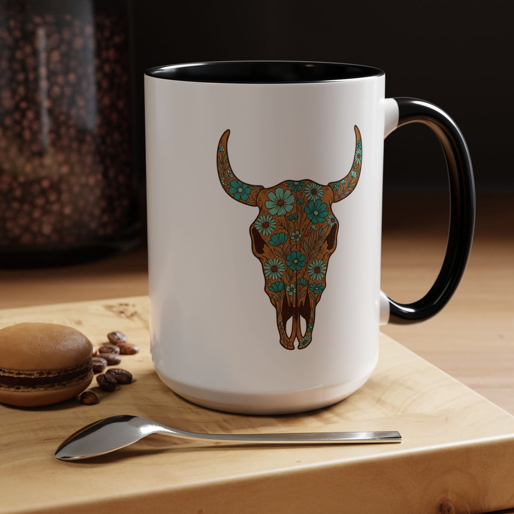 Red, White and Blue Floral Bull Skull Coffee Mug — Southwestern Accent 11/15oz