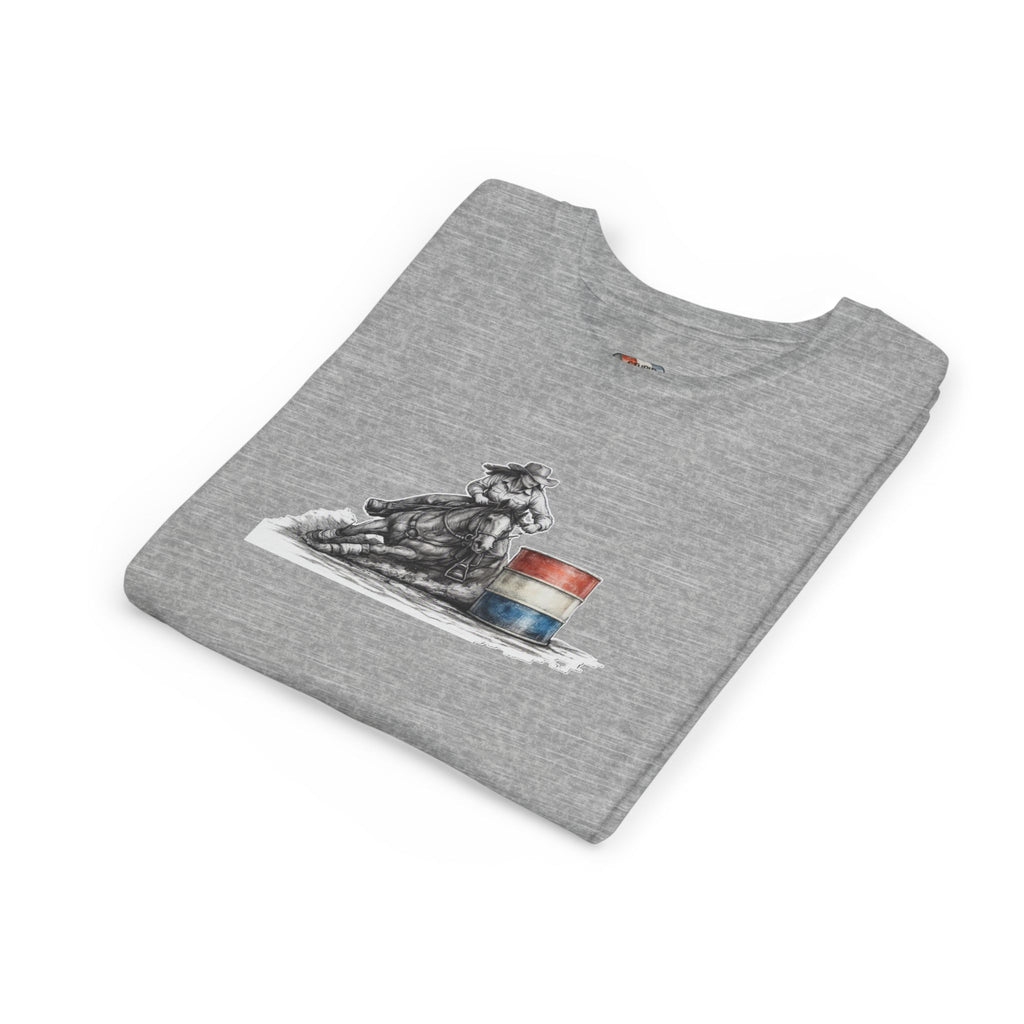 Youth Tee — Rodeo Cowgirl with Patriotic Barrel Graphic