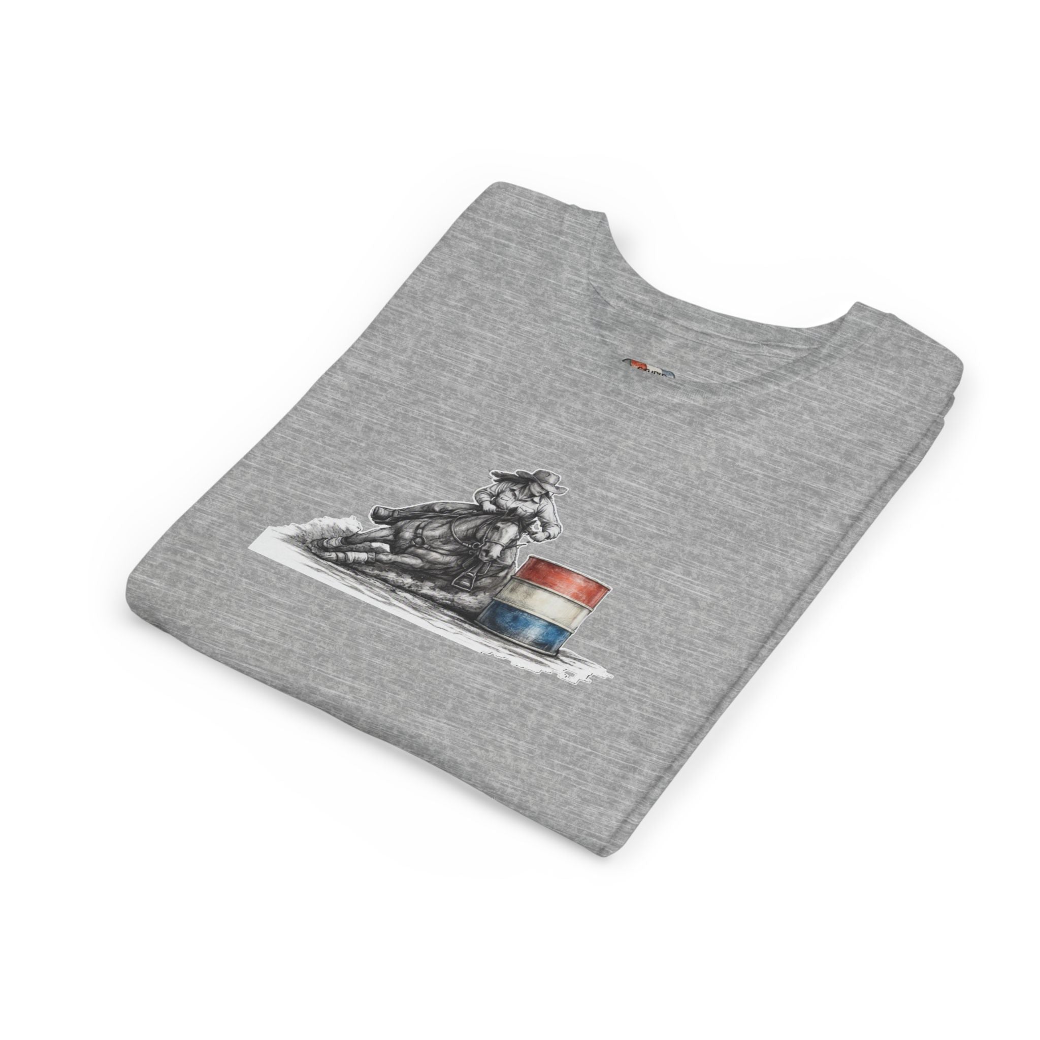 Youth Tee — Rodeo Cowgirl with Patriotic Barrel Graphic
