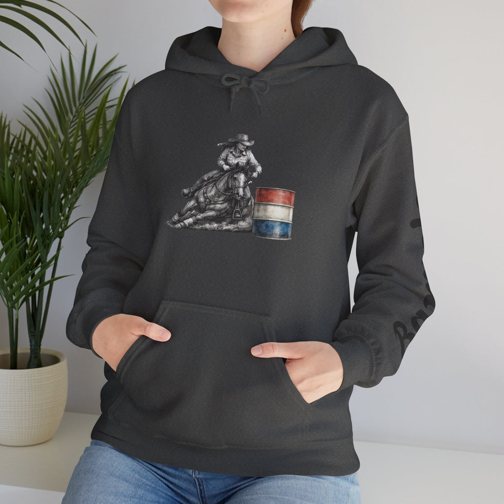 Cowgirl Barrel Racing Hoodie — Western Rodeo Pullover with 'barrels' Sleeve Text