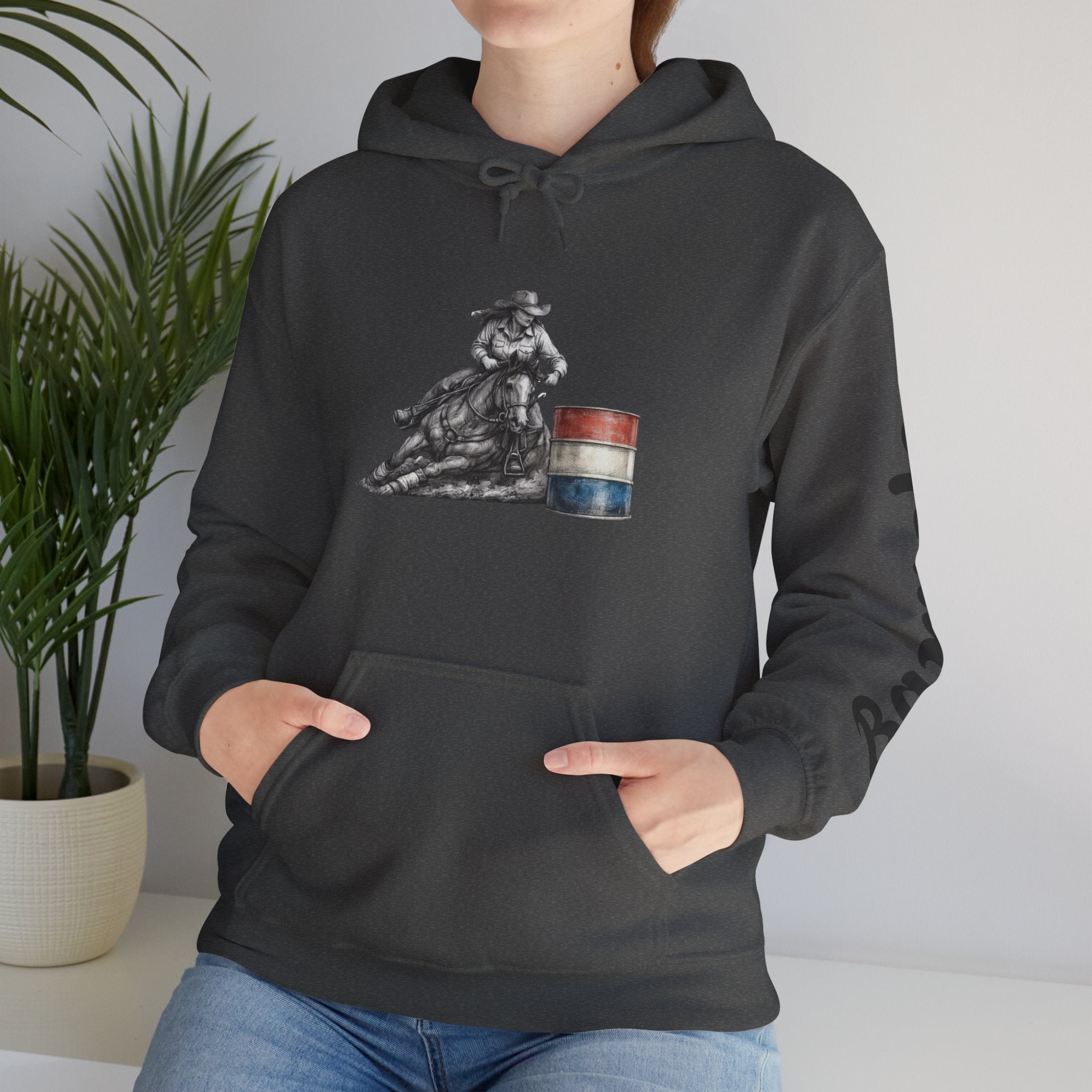 Cowgirl Barrel Racing Hoodie — Western Rodeo Pullover with 'barrels' Sleeve Text