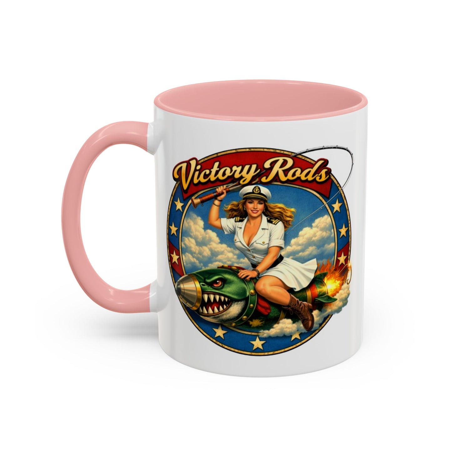 Victory Rods Sportfisherman's WWII Nose Art Pin-Up Illustration Mug | Ceramic Coffee Cup