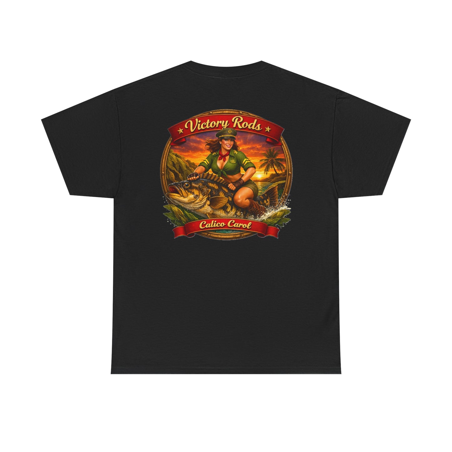 Vintage Pinup Fishing T-Shirt — “Victory Rods” Calico Carol Graphic Tee