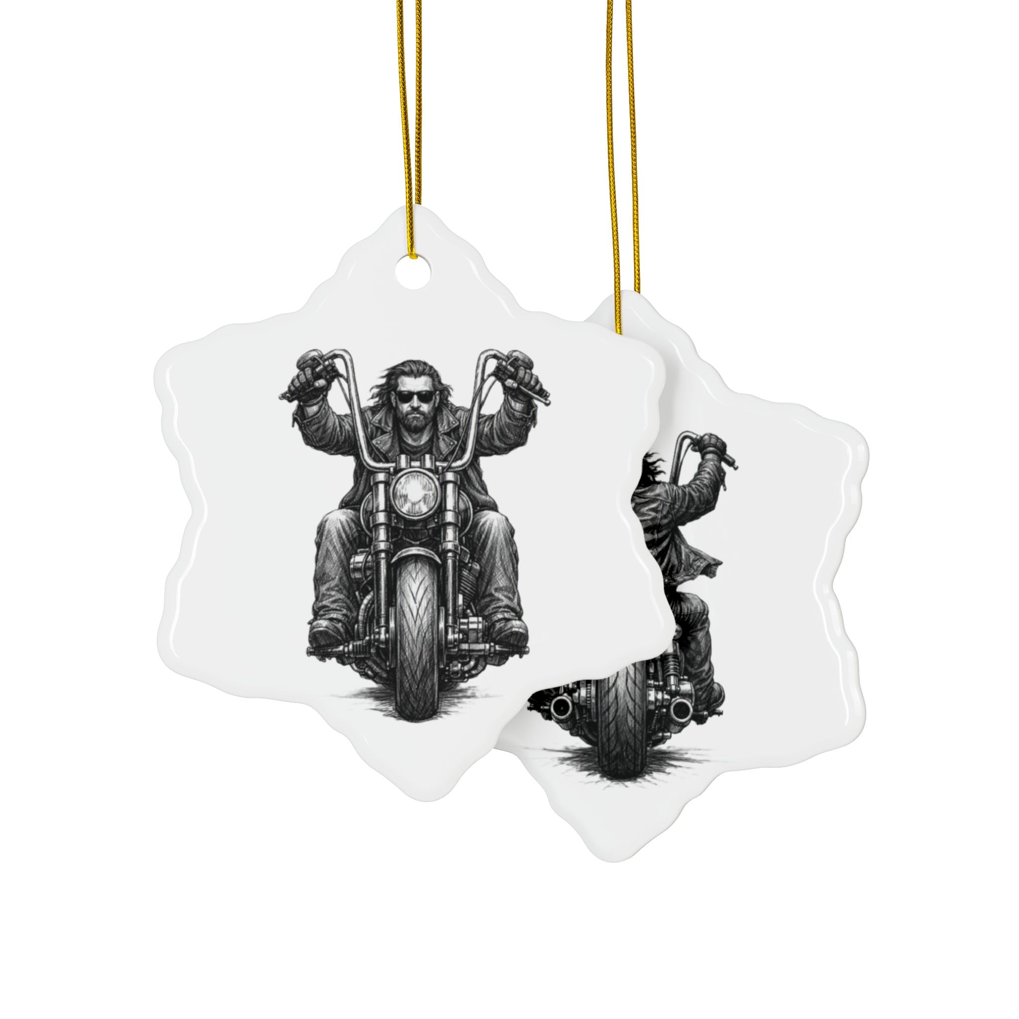 Biker Motorcycle Ceramic Ornament — Double-Sided Round Holiday Decoration